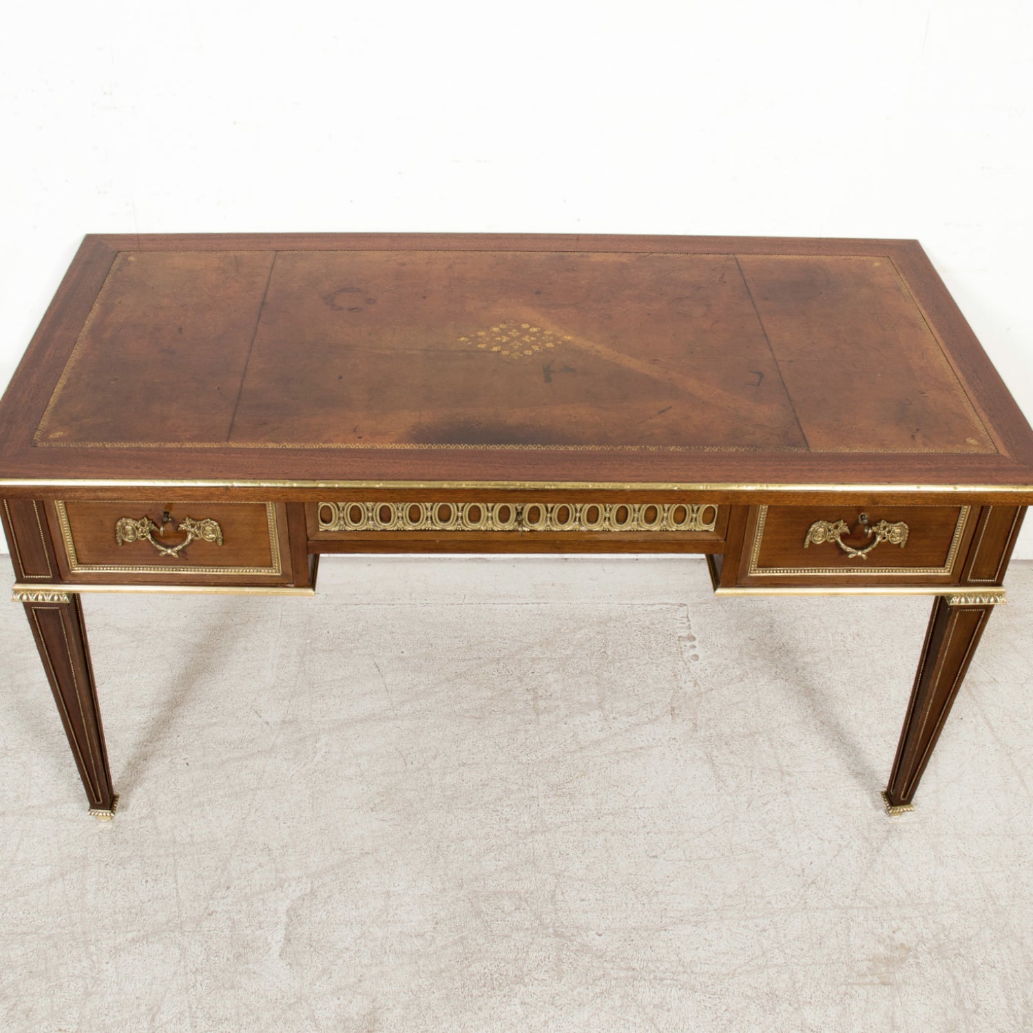 Rare French Louis XVI Style Walnut Partner's Desk with Ormolu Trim and Original Leather Top