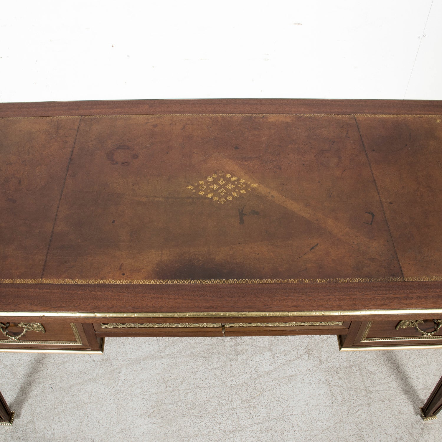 Rare French Louis XVI Style Walnut Partner's Desk with Ormolu Trim and Original Leather Top