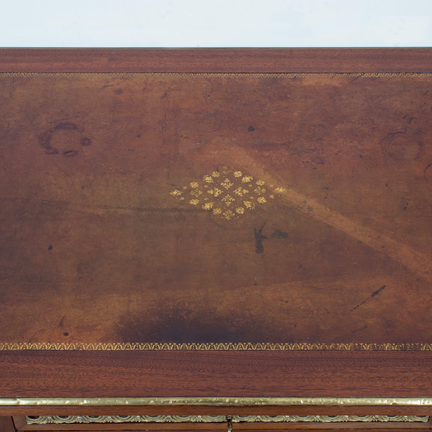 Rare French Louis XVI Style Walnut Partner's Desk with Ormolu Trim and Original Leather Top