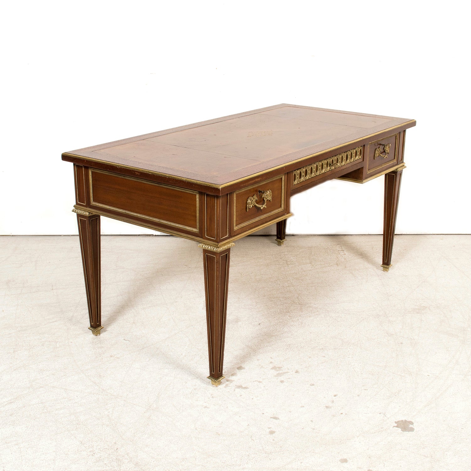 Rare French Louis XVI Style Walnut Partner's Desk with Ormolu Trim and Original Leather Top