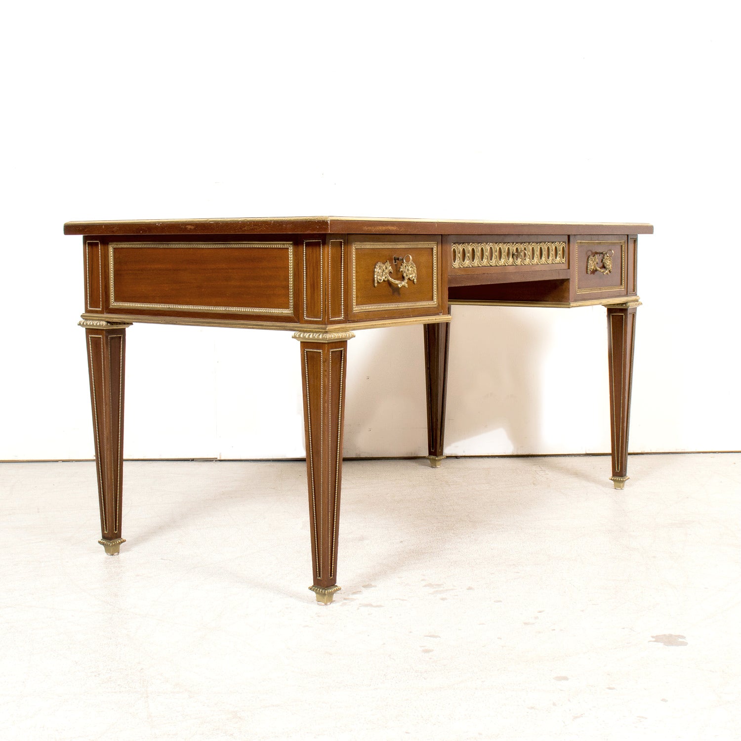 Rare French Louis XVI Style Walnut Partner's Desk with Ormolu Trim and Original Leather Top