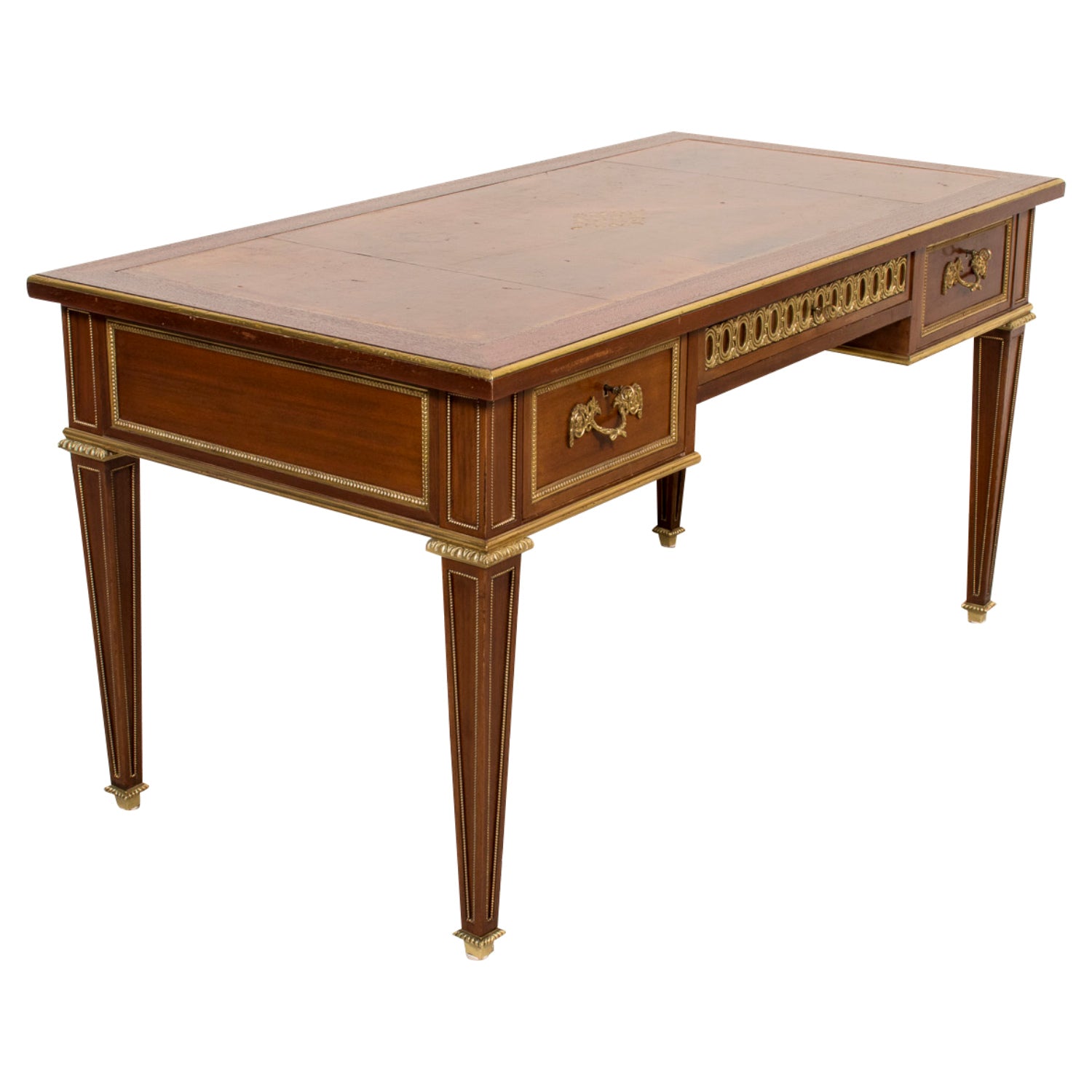 Rare French Louis XVI Style Walnut Partner's Desk with Ormolu Trim and Original Leather Top