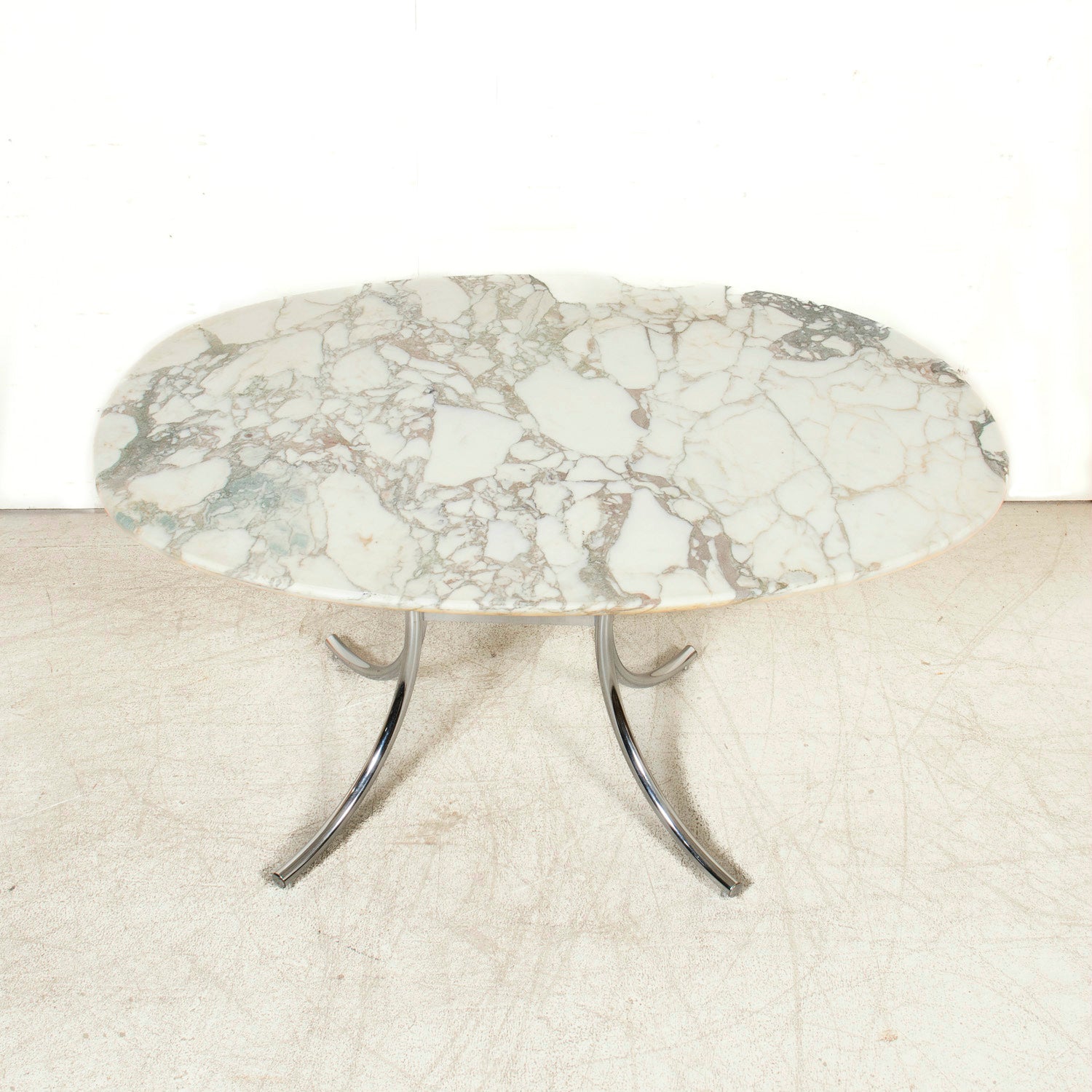 Vintage Mid-Century Modern French Oval Marble Top Dining Table with Chrome Base