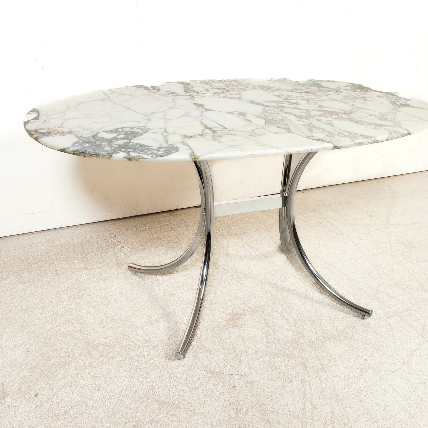Vintage Mid-Century Modern French Oval Marble Top Dining Table with Chrome Base