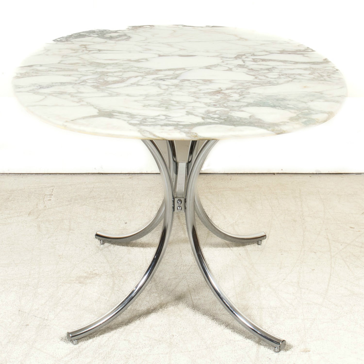 Vintage Mid-Century Modern French Oval Marble Top Dining Table with Chrome Base