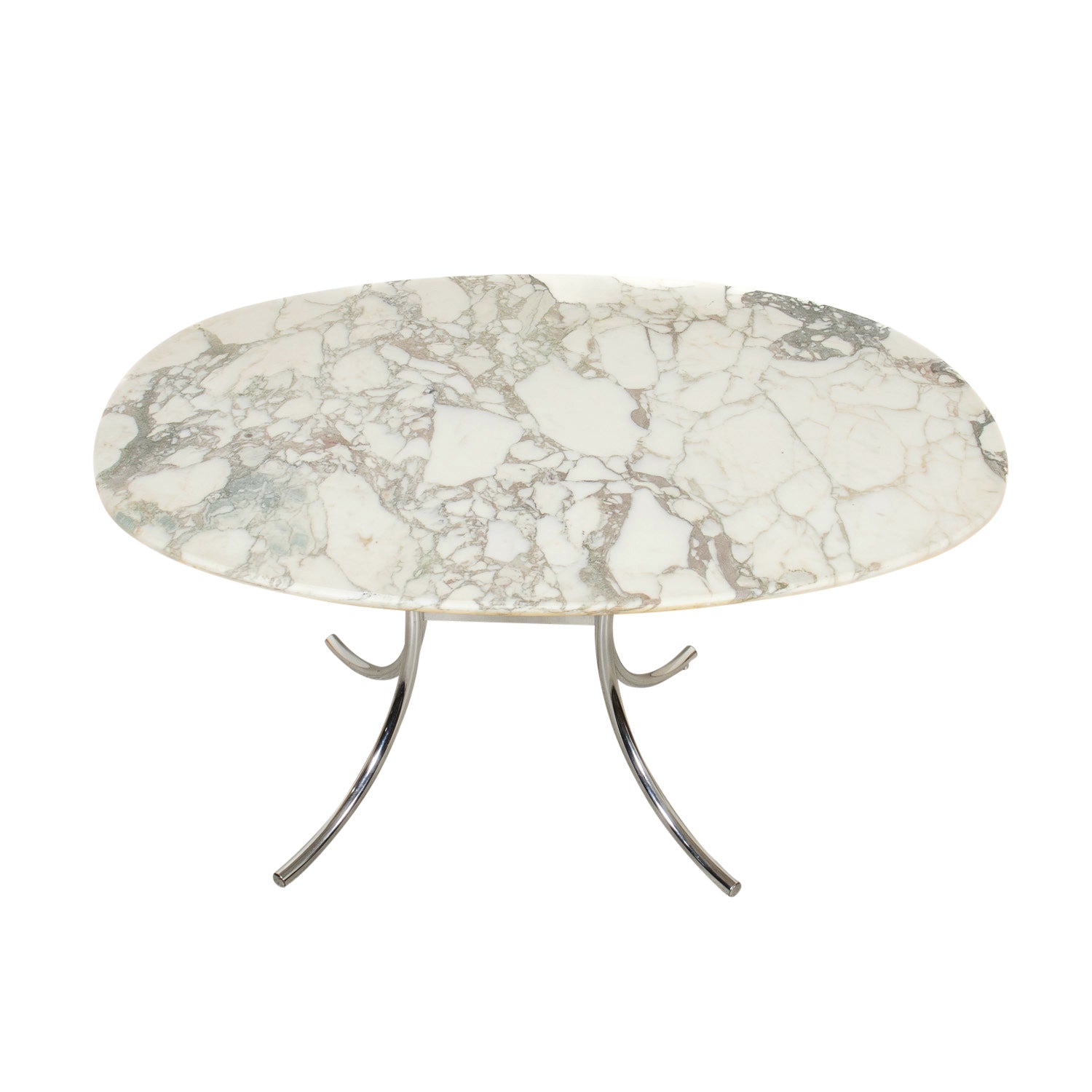 Vintage Mid-Century Modern French Oval Marble Top Dining Table with Chrome Base