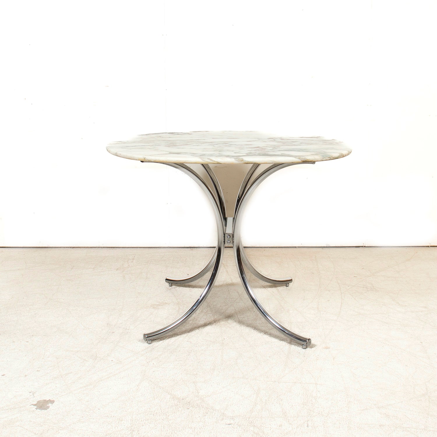 Vintage Mid-Century Modern French Oval Marble Top Dining Table with Chrome Base