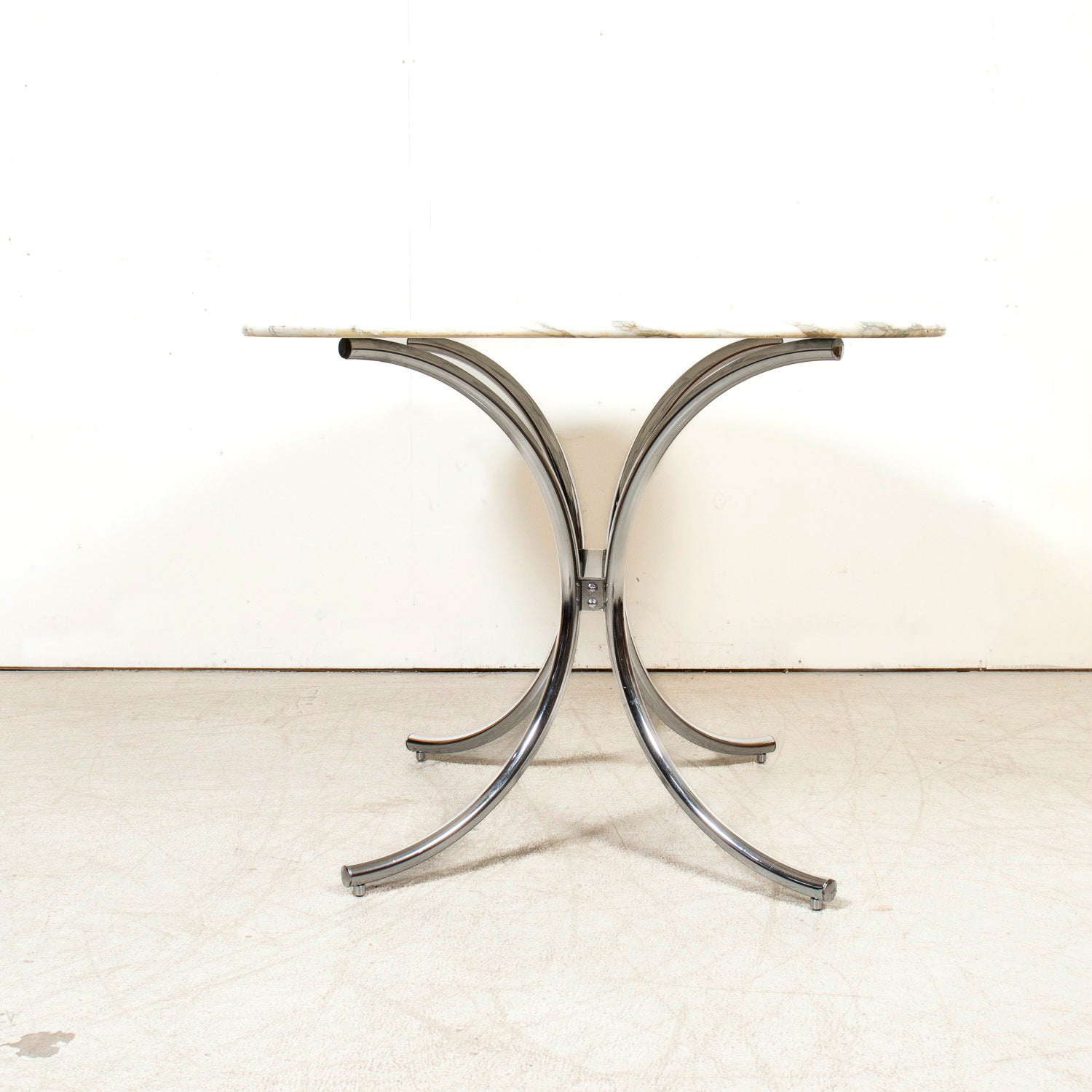 Vintage Mid-Century Modern French Oval Marble Top Dining Table with Chrome Base
