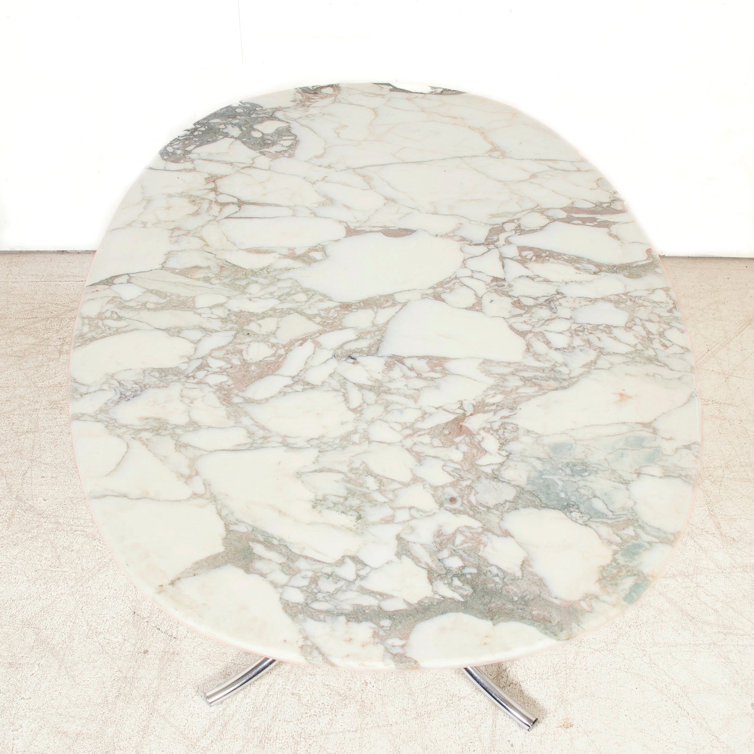 Vintage Mid-Century Modern French Oval Marble Top Dining Table with Chrome Base