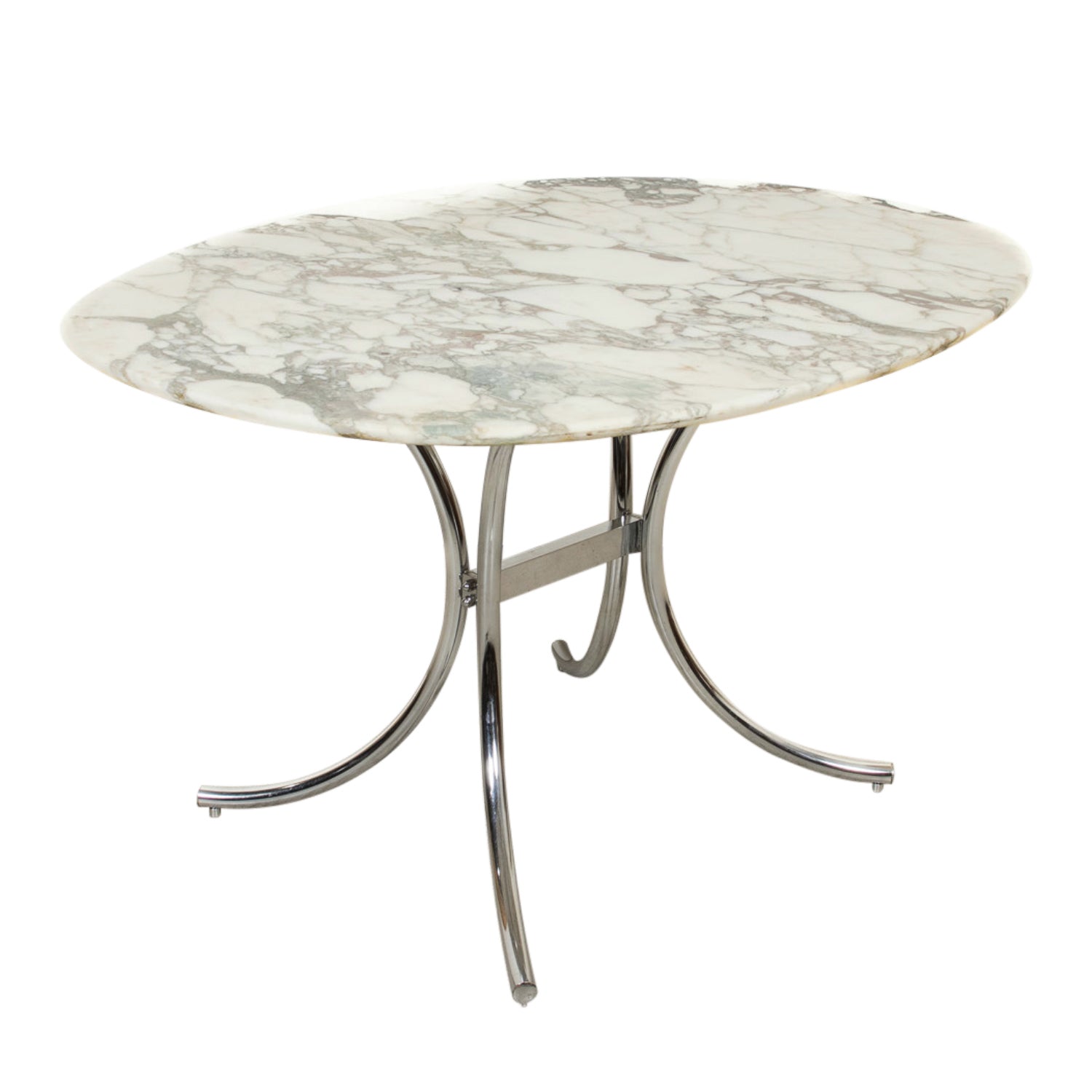 Vintage Mid-Century Modern French Oval Marble Top Dining Table with Chrome Base