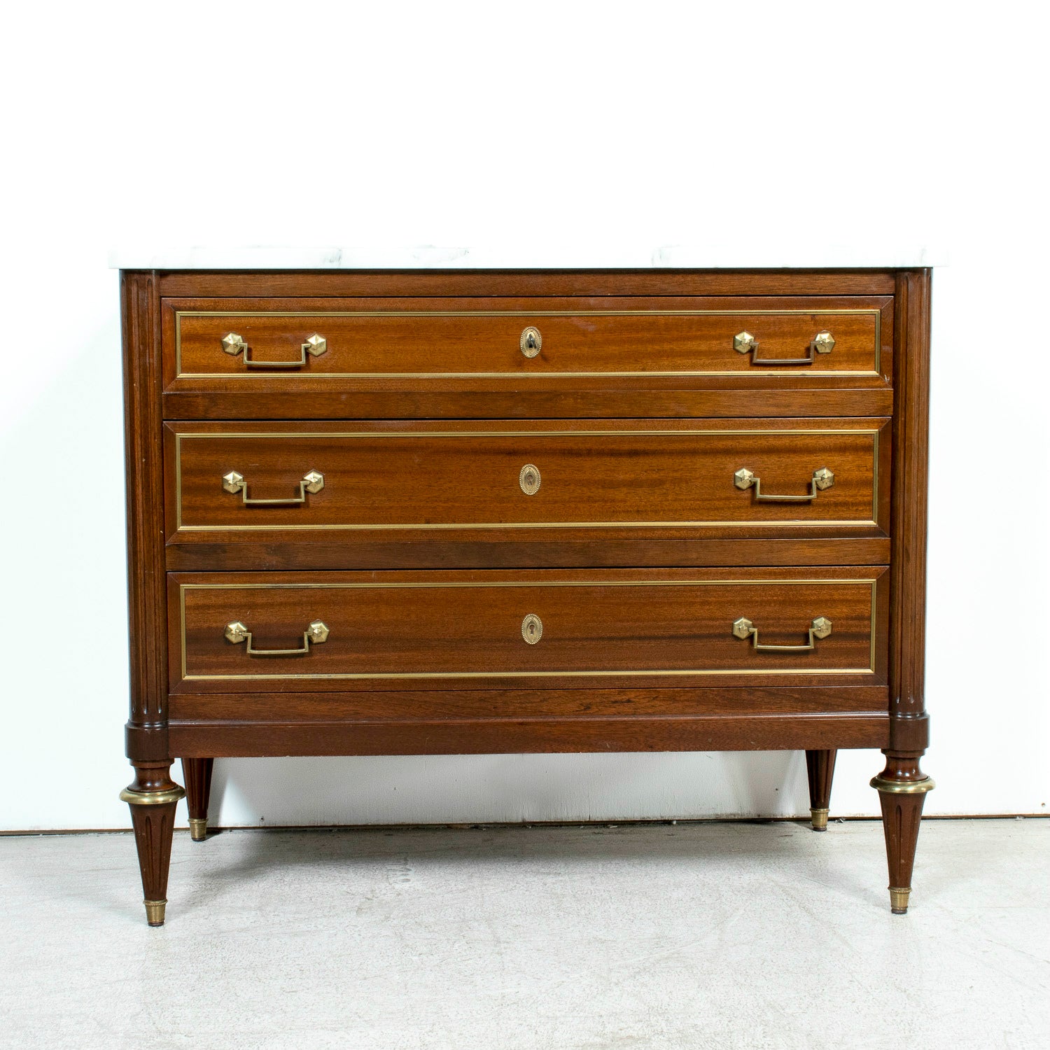 20th Century French Louis XVI Style Maison Jansen Three-Drawer Mahogany Commode with Cararra Marble Top