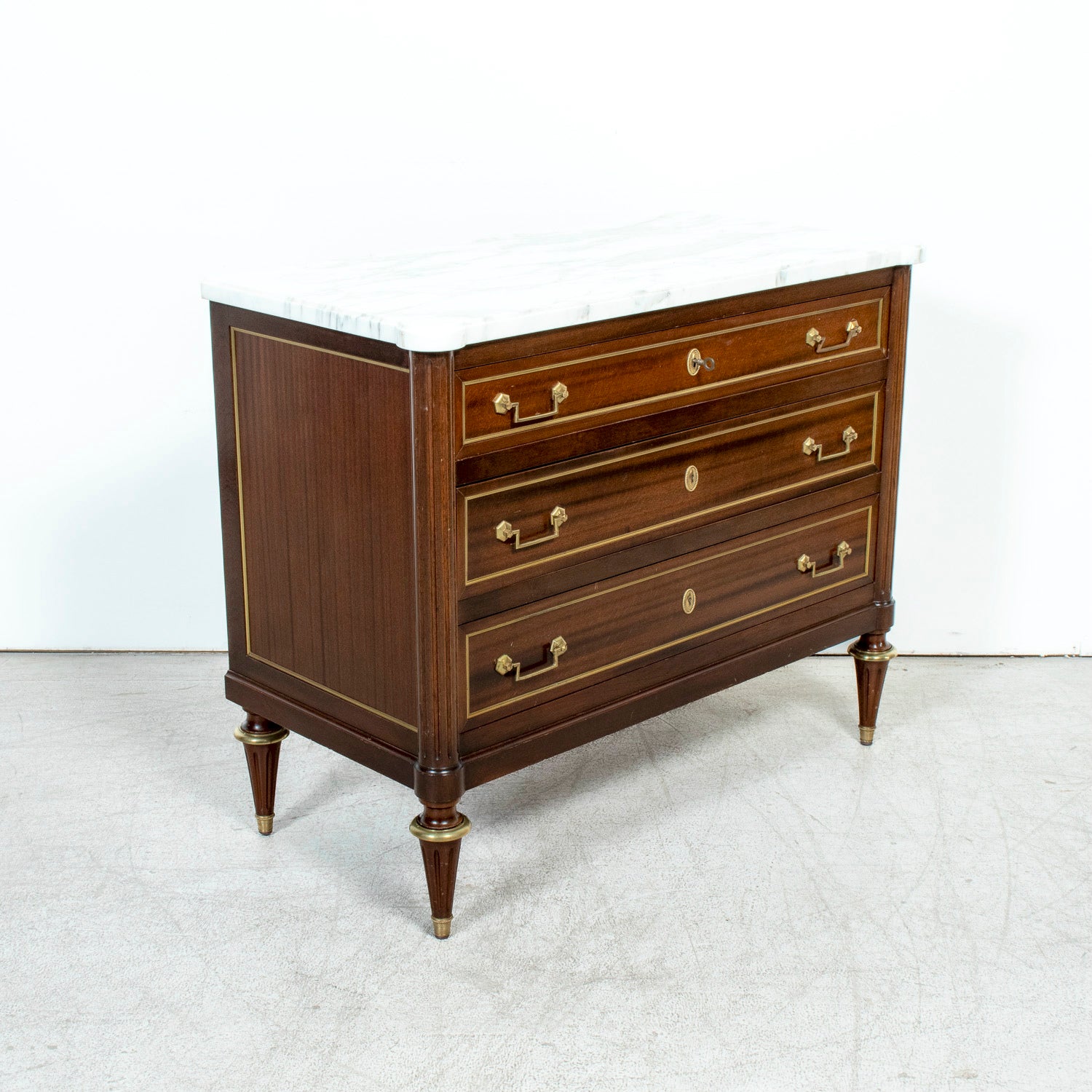 20th Century French Louis XVI Style Maison Jansen Three-Drawer Mahogany Commode with Cararra Marble Top