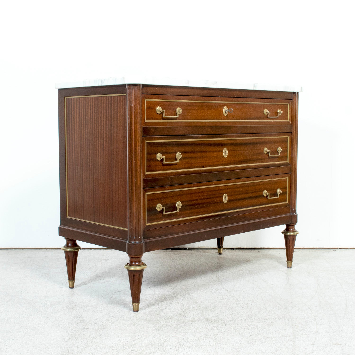 20th Century French Louis XVI Style Maison Jansen Three-Drawer Mahogany Commode with Cararra Marble Top