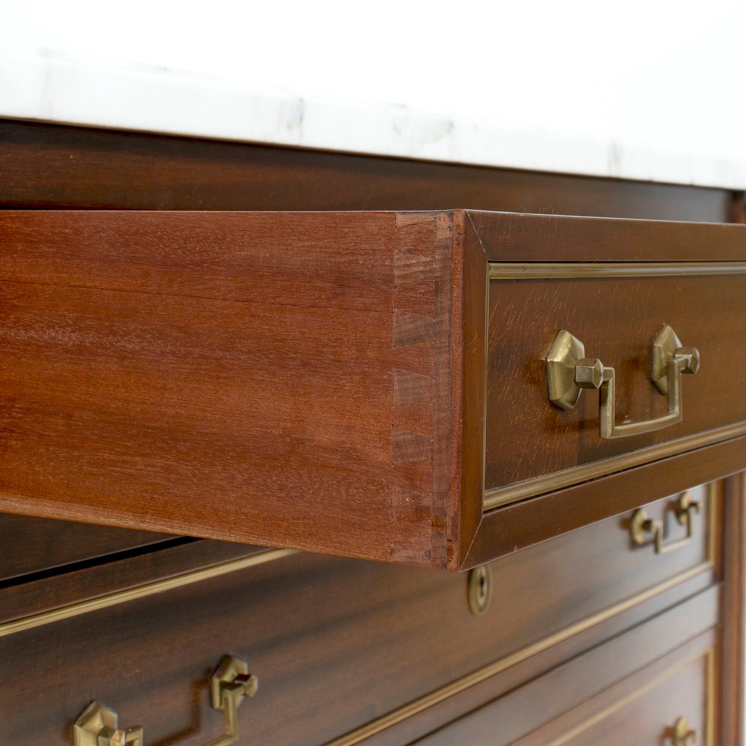20th Century French Louis XVI Style Maison Jansen Three-Drawer Mahogany Commode with Cararra Marble Top