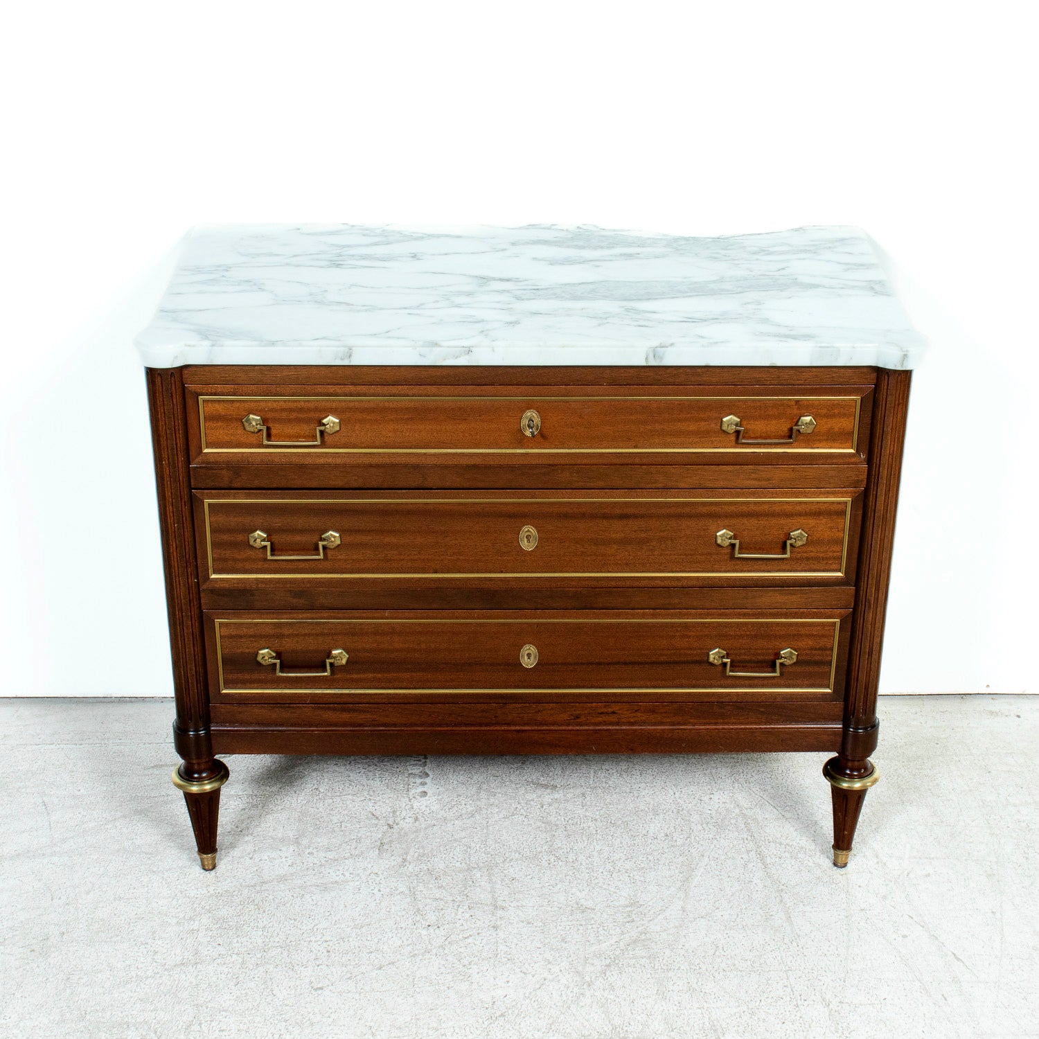20th Century French Louis XVI Style Maison Jansen Three-Drawer Mahogany Commode with Cararra Marble Top
