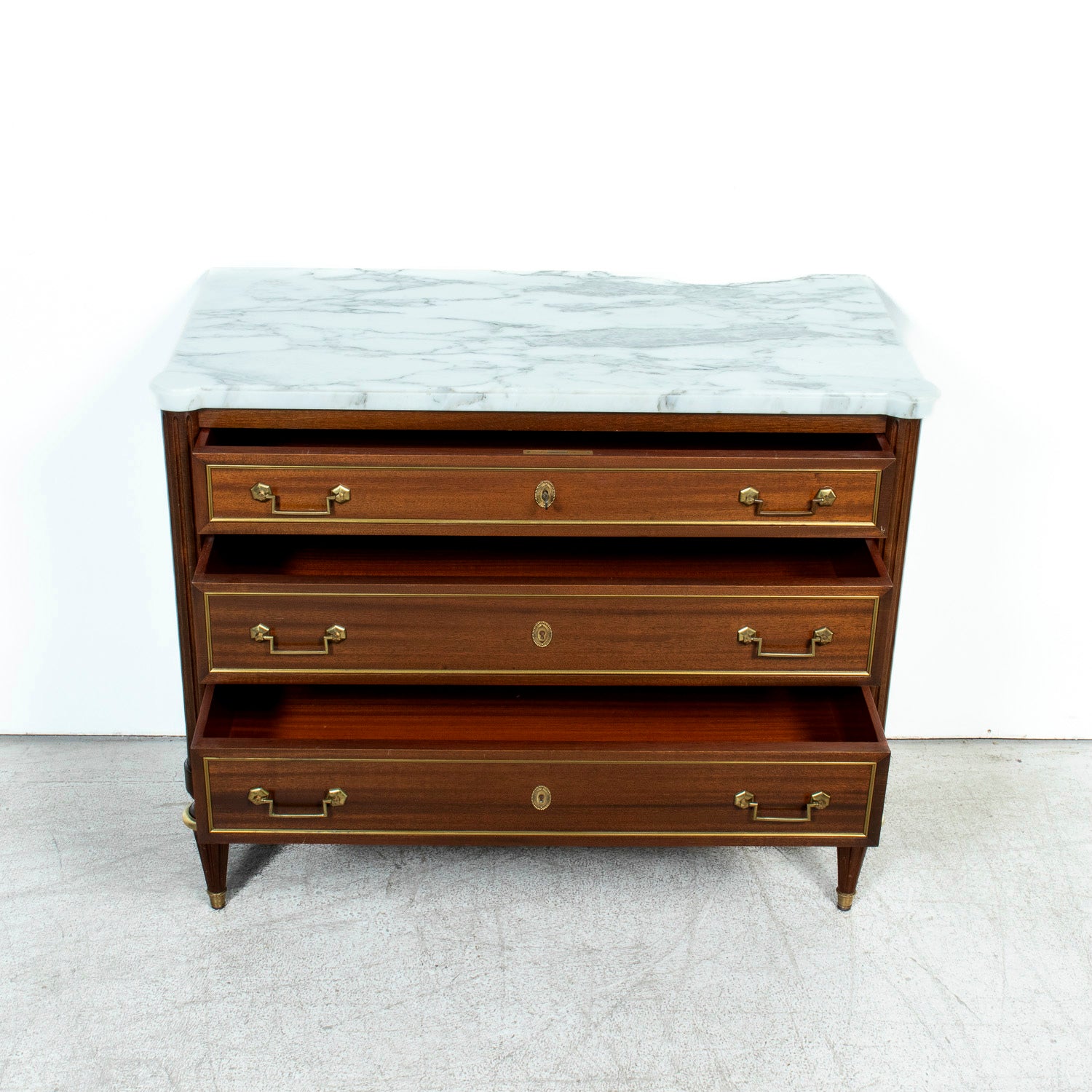 20th Century French Louis XVI Style Maison Jansen Three-Drawer Mahogany Commode with Cararra Marble Top