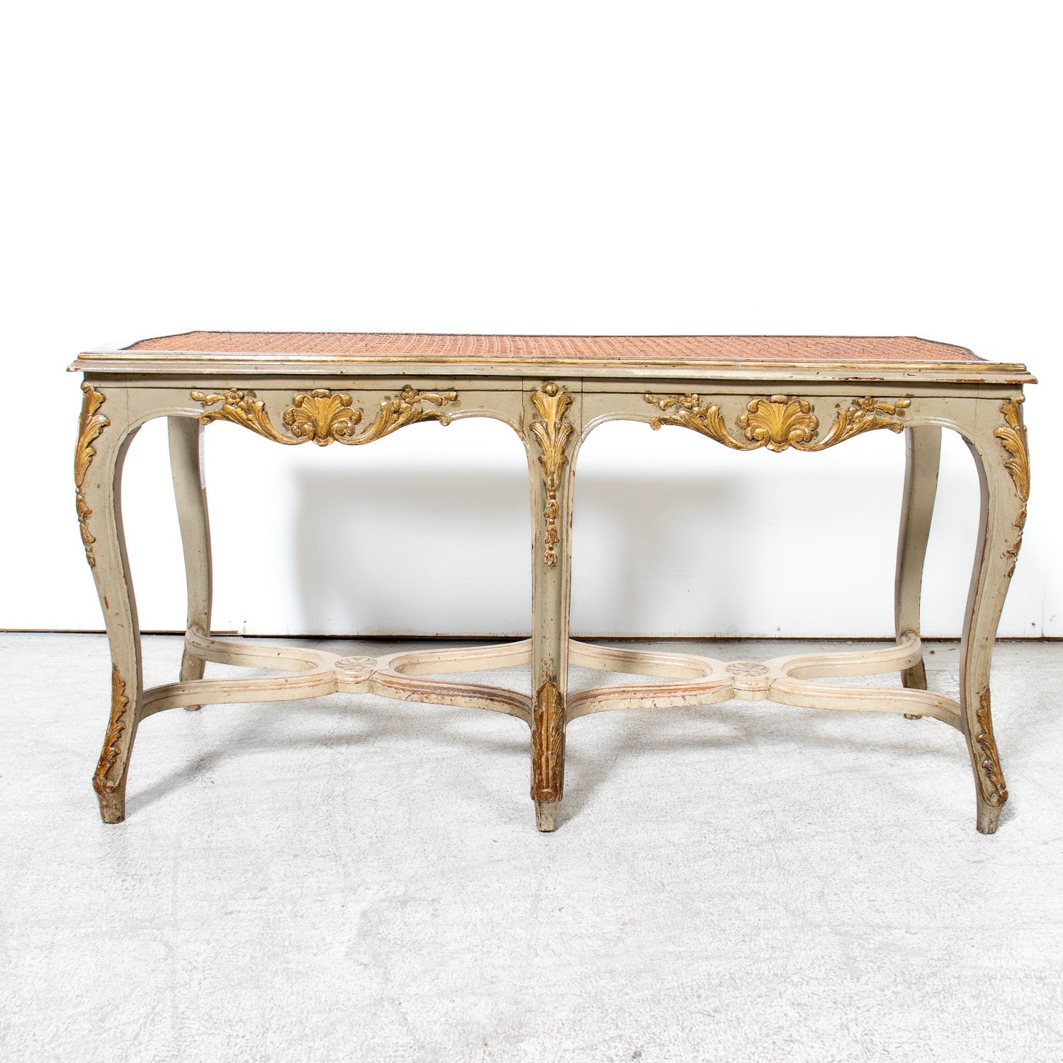 19th Century French Louis XV Style Painted and Parcel Gilt Cane Bench