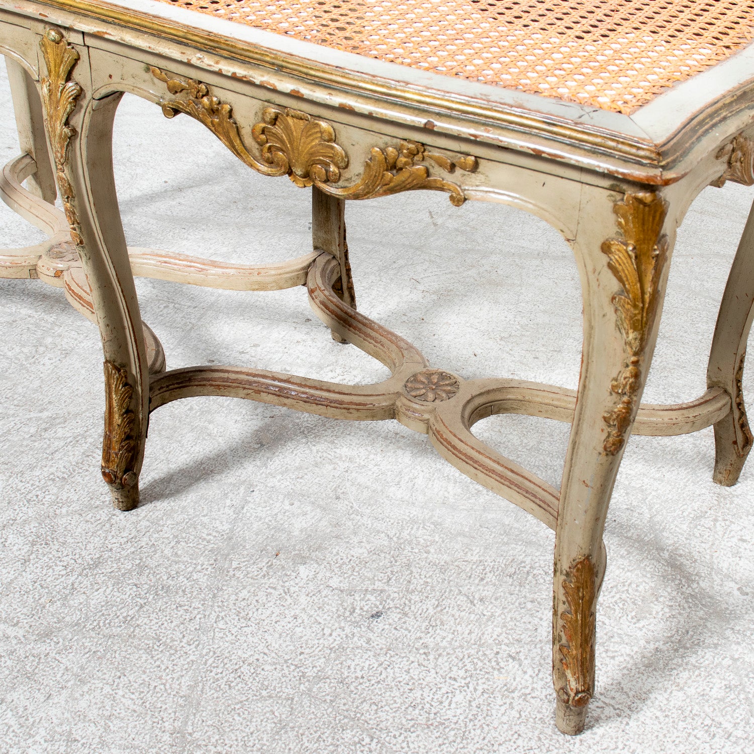 19th Century French Louis XV Style Painted and Parcel Gilt Cane Bench