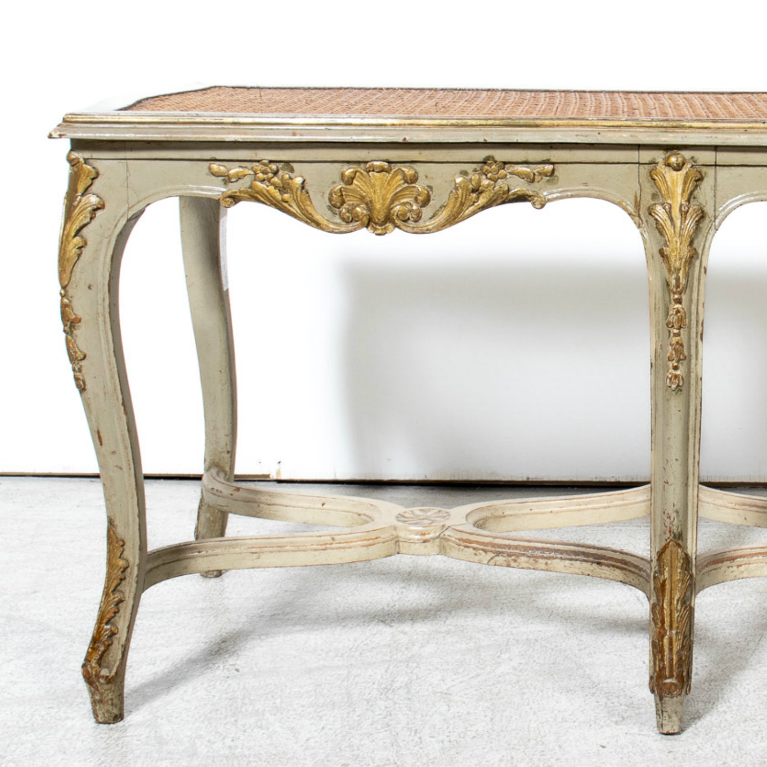 19th Century French Louis XV Style Painted and Parcel Gilt Cane Bench
