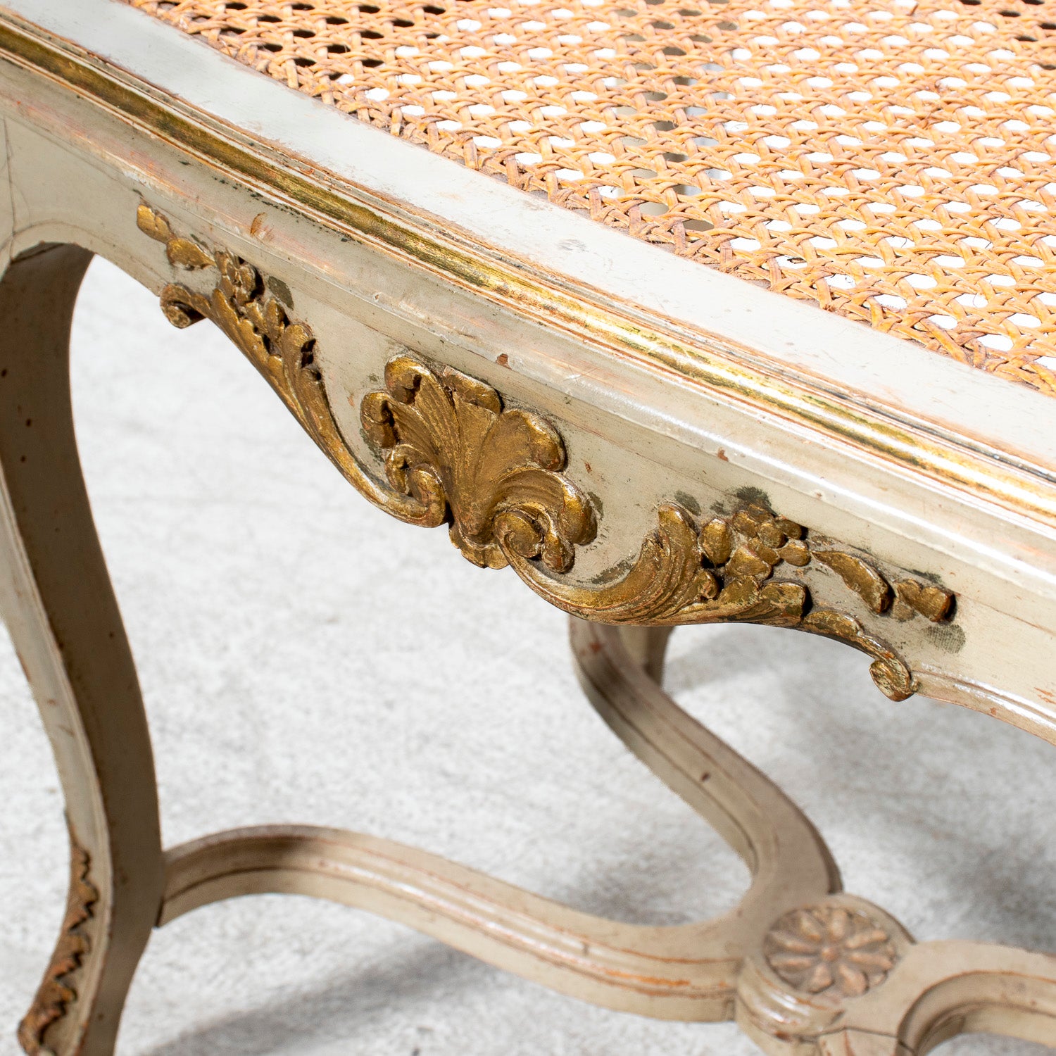 19th Century French Louis XV Style Painted and Parcel Gilt Cane Bench