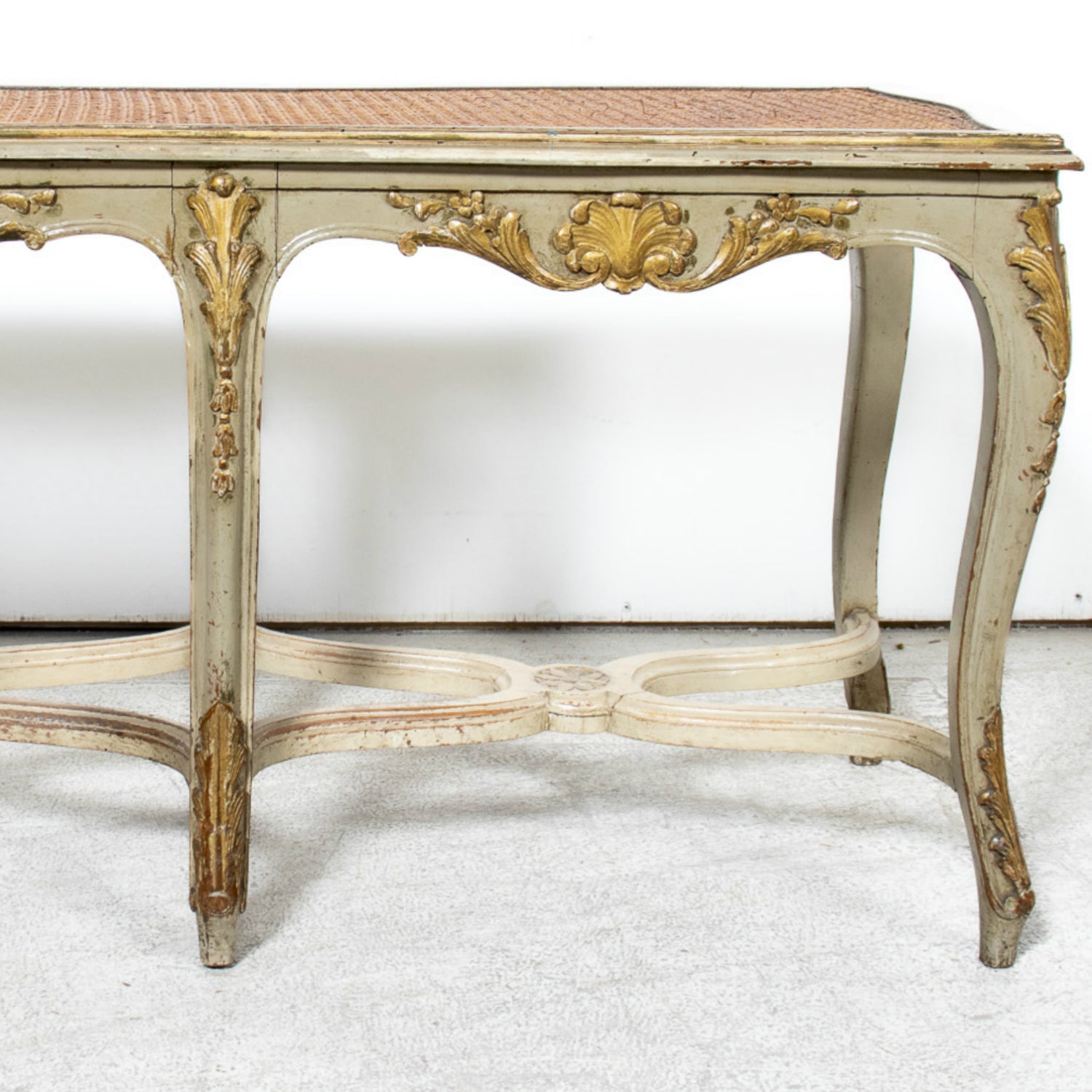 19th Century French Louis XV Style Painted and Parcel Gilt Cane Bench