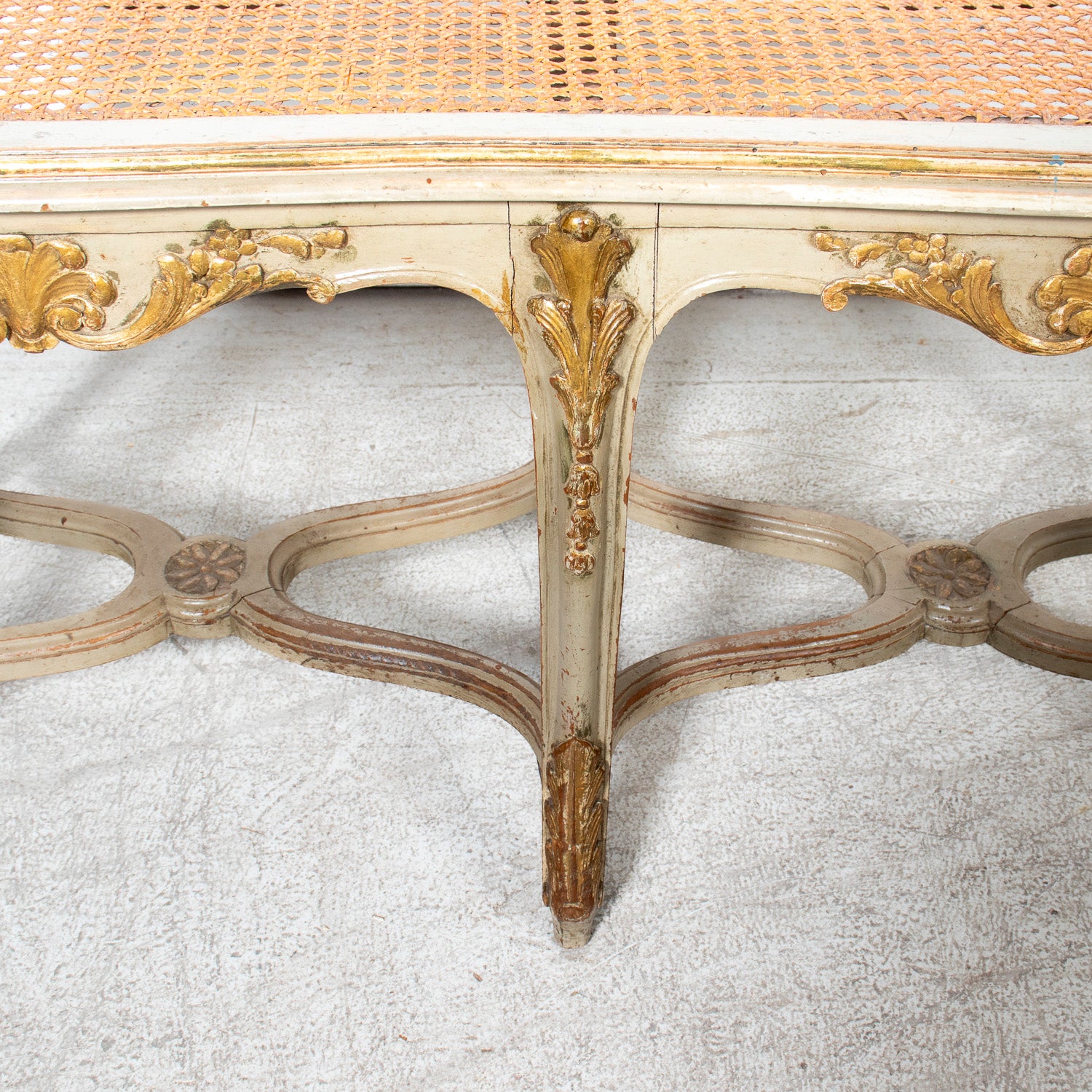 19th Century French Louis XV Style Painted and Parcel Gilt Cane Bench