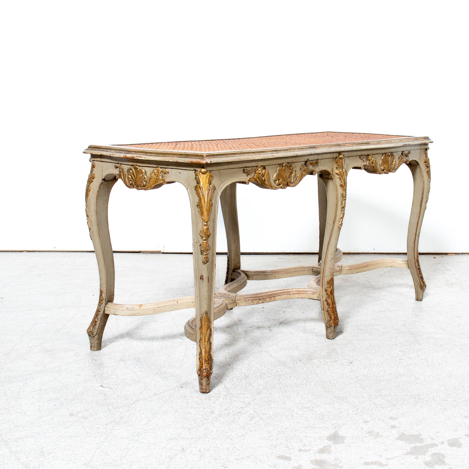 19th Century French Louis XV Style Painted and Parcel Gilt Cane Bench