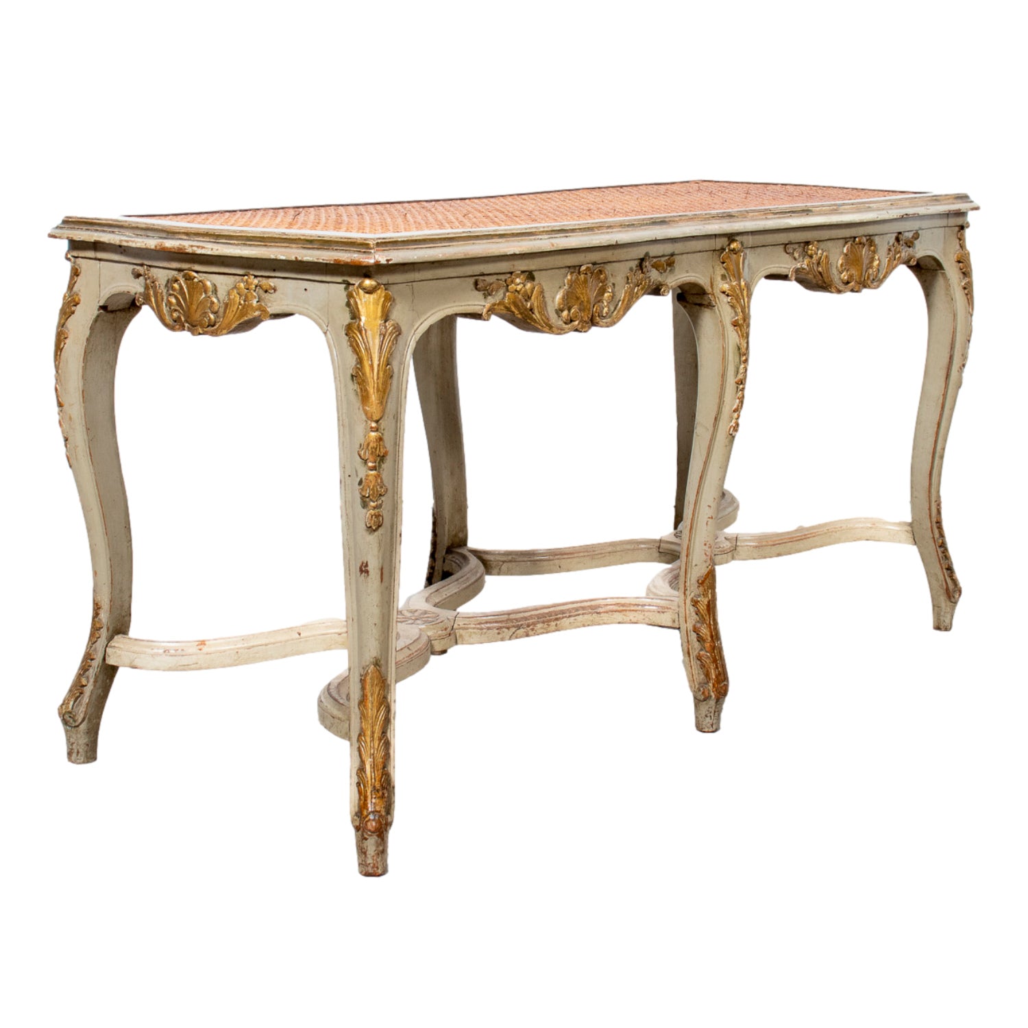 19th Century French Louis XV Style Painted and Parcel Gilt Cane Bench