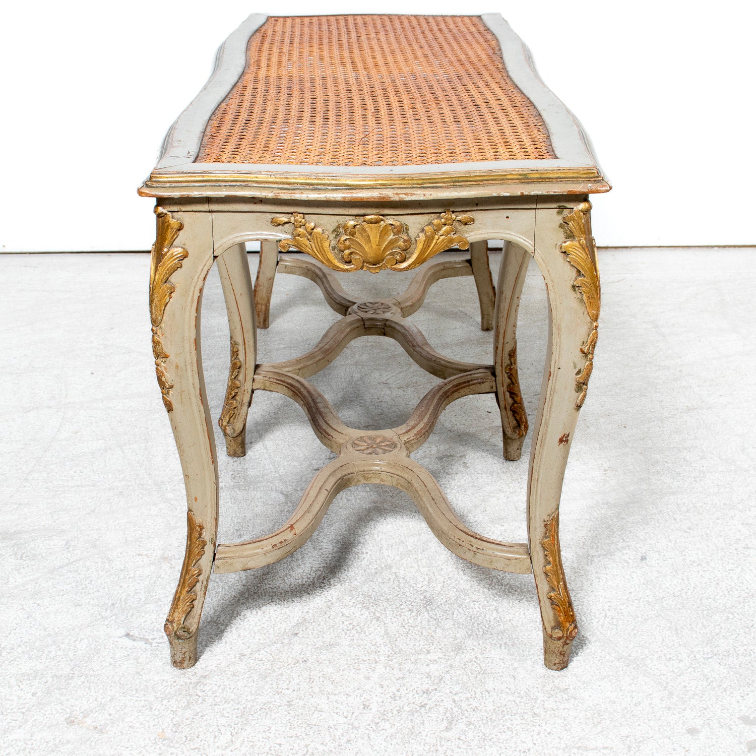 19th Century French Louis XV Style Painted and Parcel Gilt Cane Bench