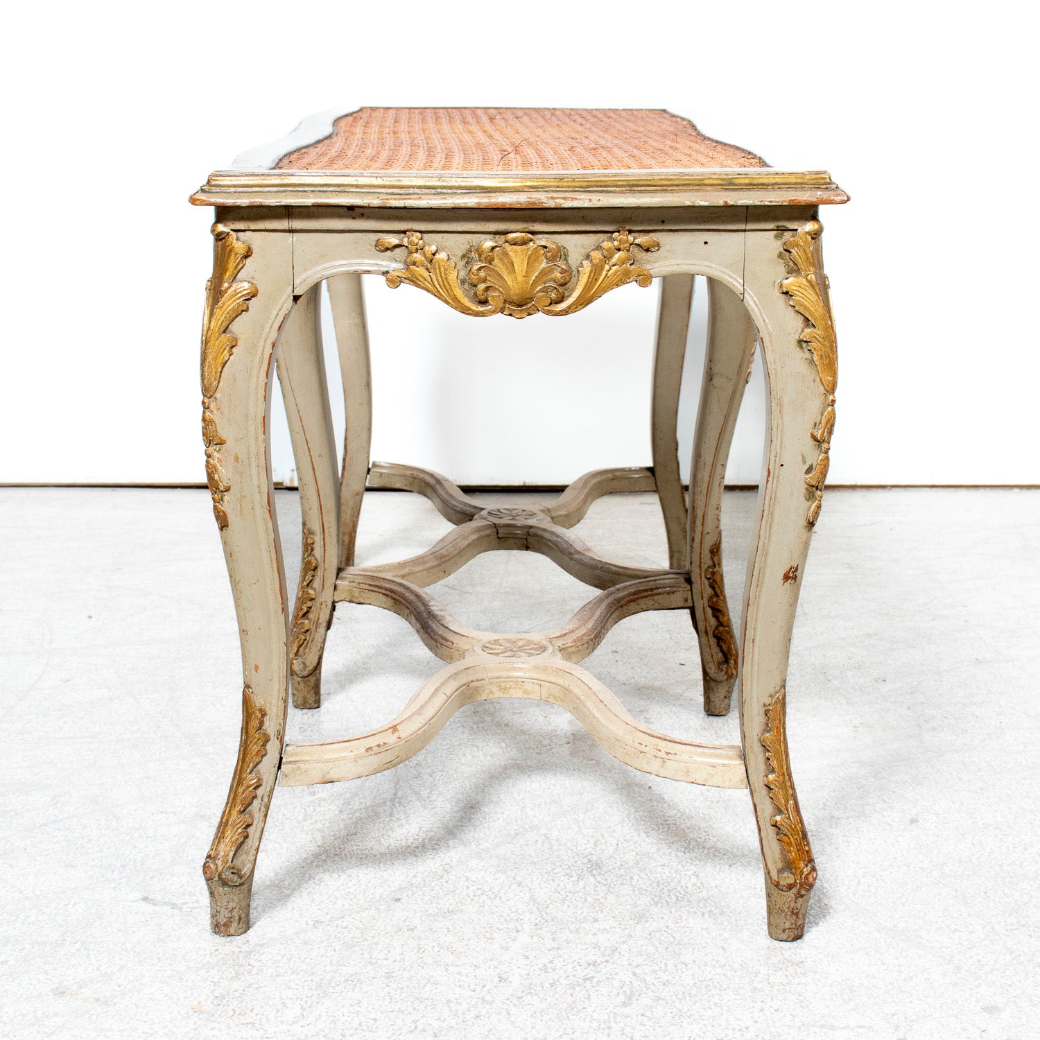 19th Century French Louis XV Style Painted and Parcel Gilt Cane Bench