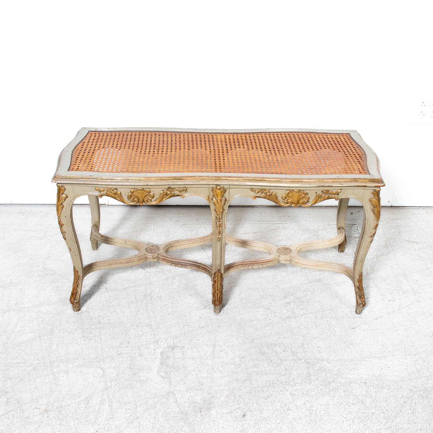 19th Century French Louis XV Style Painted and Parcel Gilt Cane Bench