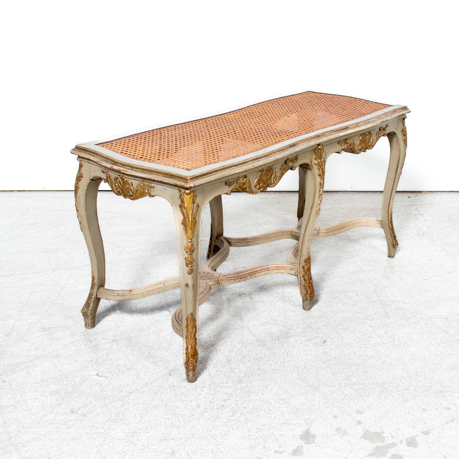 19th Century French Louis XV Style Painted and Parcel Gilt Cane Bench
