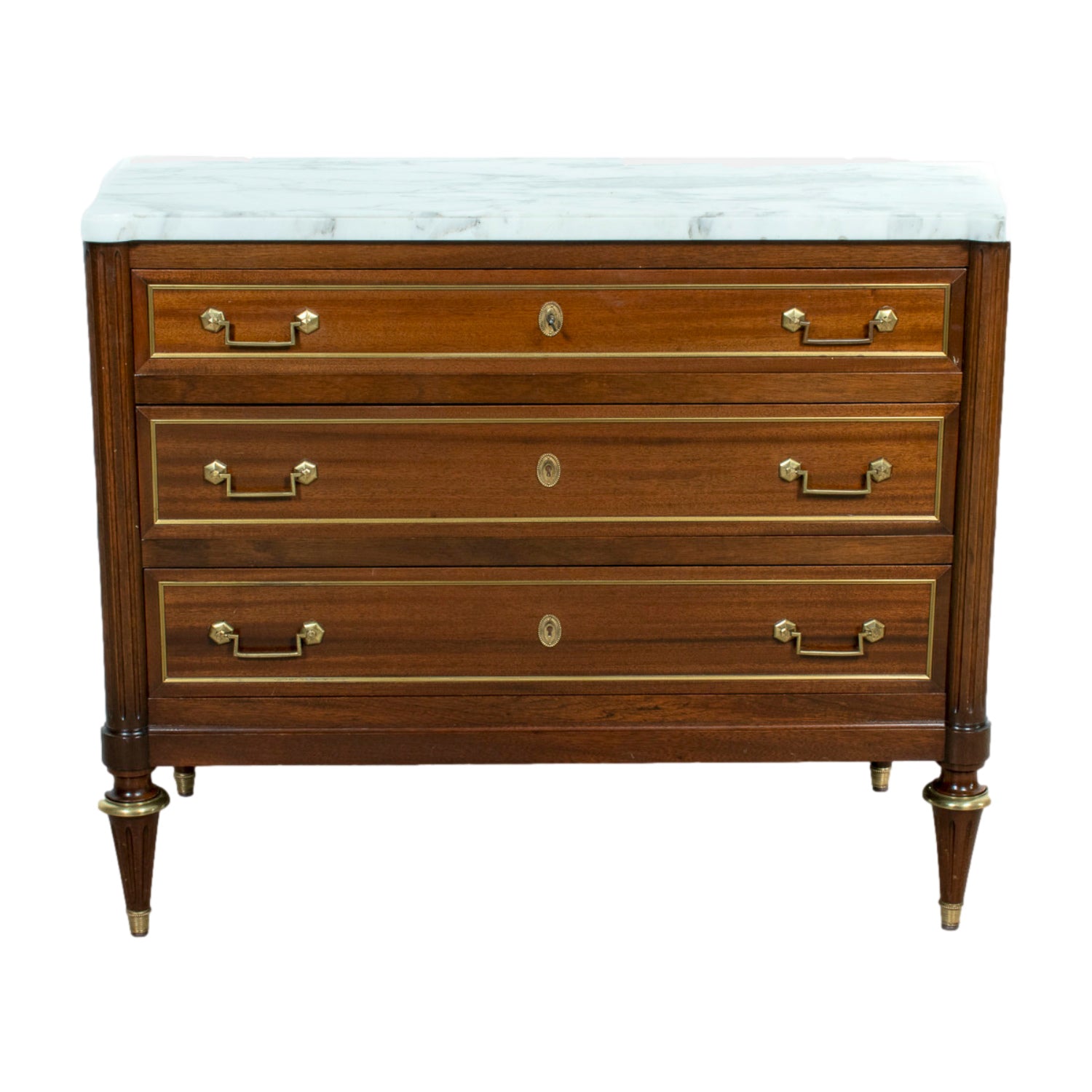 20th Century French Louis XVI Style Maison Jansen Three-Drawer Mahogany Commode with Cararra Marble Top