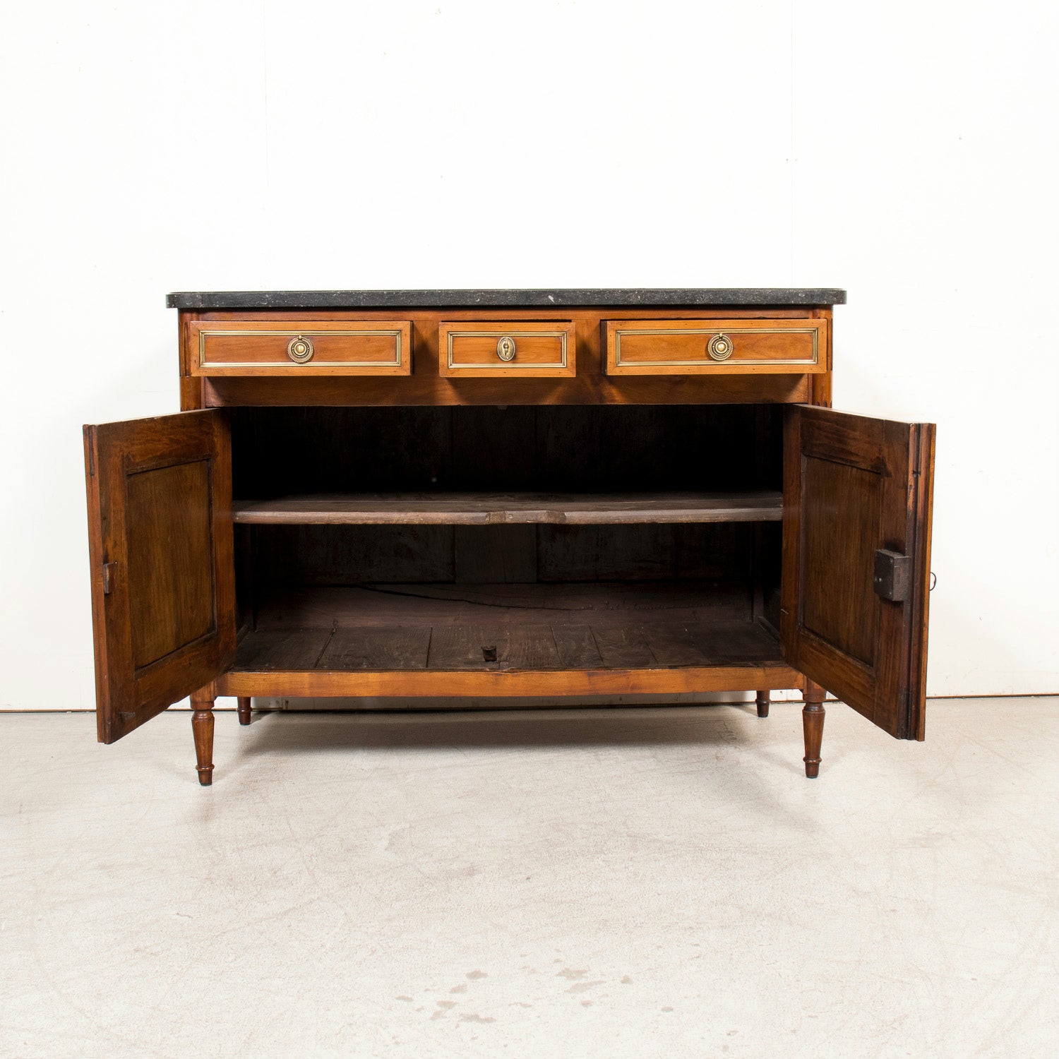 19th Century French Louis XVI Style Walnut Buffet with Black Marble Top & Brass Trim from Paris