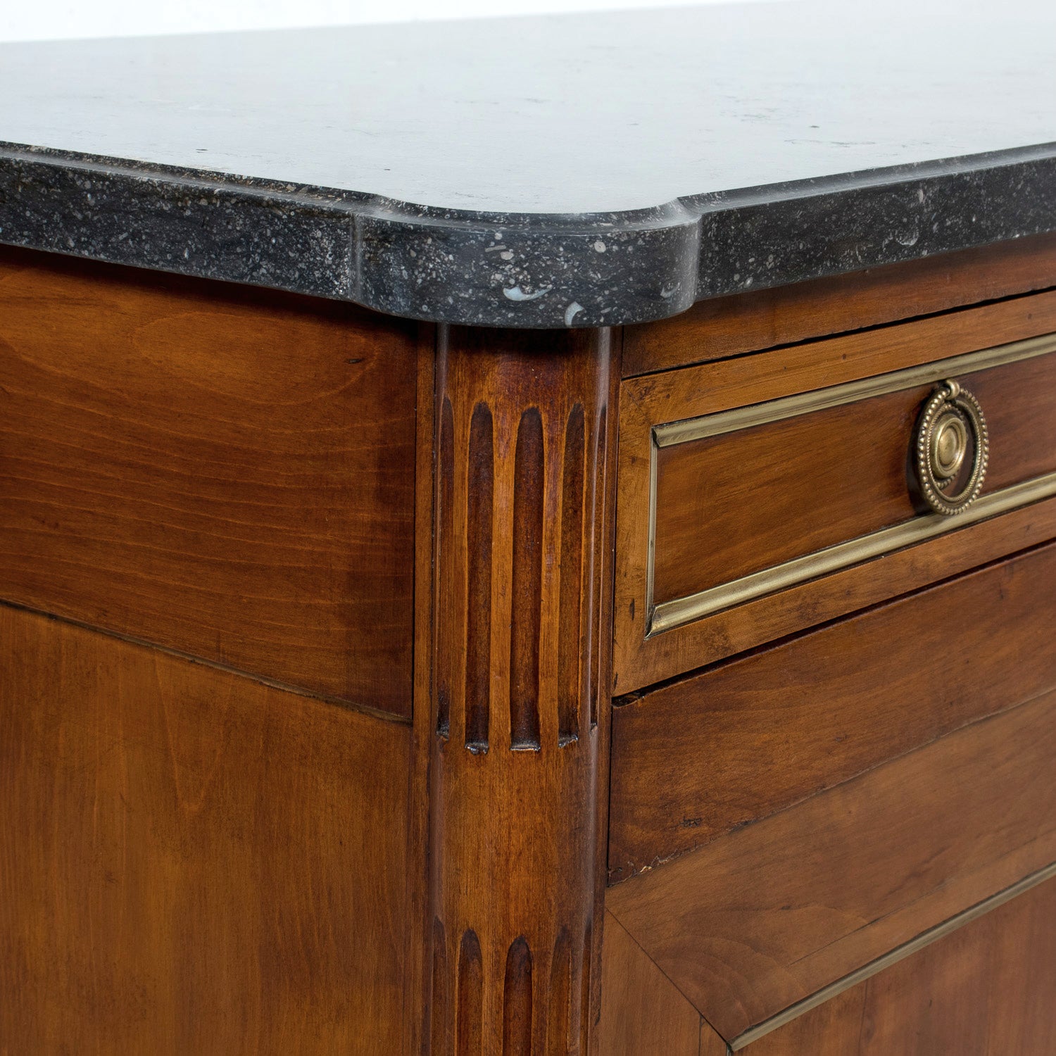 19th Century French Louis XVI Style Walnut Buffet with Black Marble Top & Brass Trim from Paris