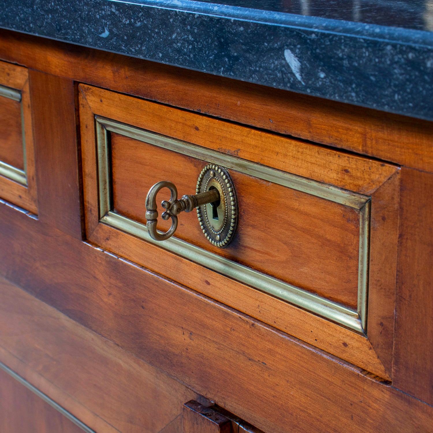 19th Century French Louis XVI Style Walnut Buffet with Black Marble Top & Brass Trim from Paris