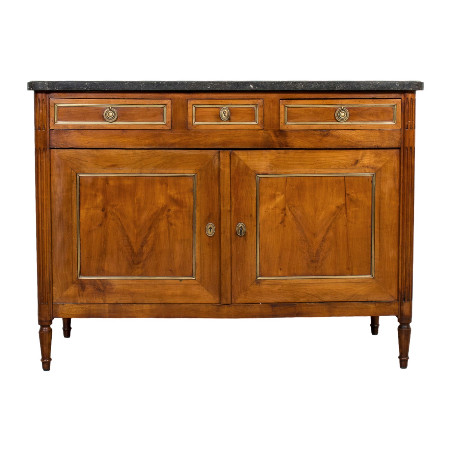 19th Century French Louis XVI Style Walnut Buffet with Black Marble Top & Brass Trim from Paris