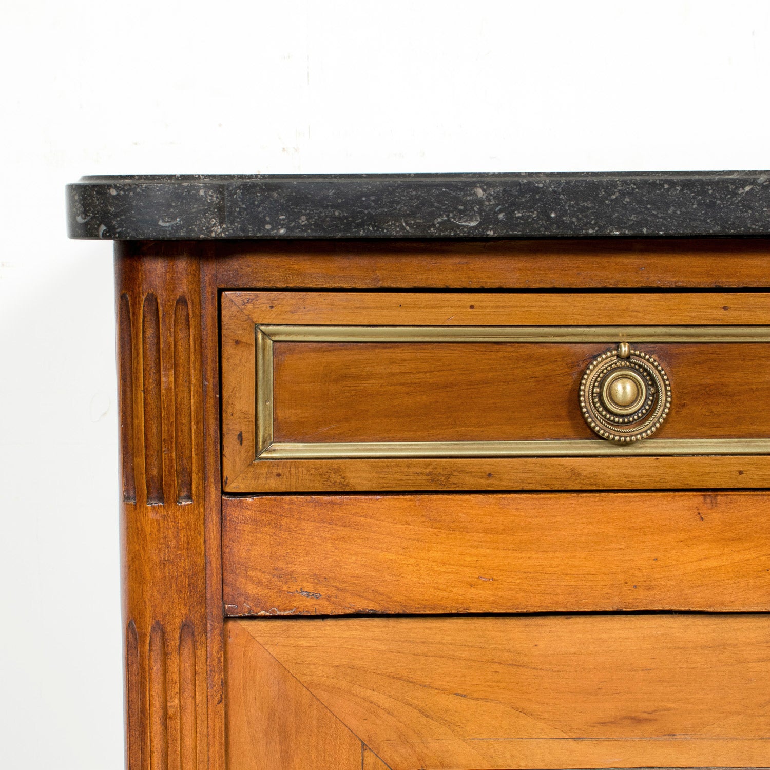 19th Century French Louis XVI Style Walnut Buffet with Black Marble Top & Brass Trim from Paris