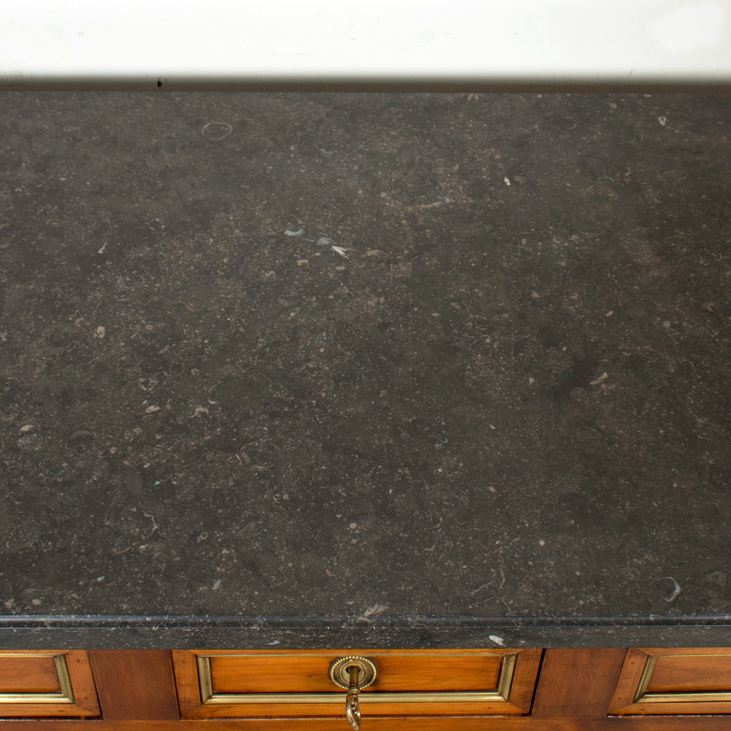 19th Century French Louis XVI Style Walnut Buffet with Black Marble Top & Brass Trim from Paris