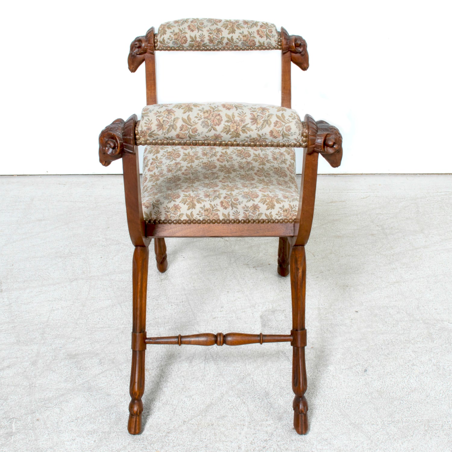 19th Century French Carved Walnut Lyonnaise Curule Bench with Upholstered Seat