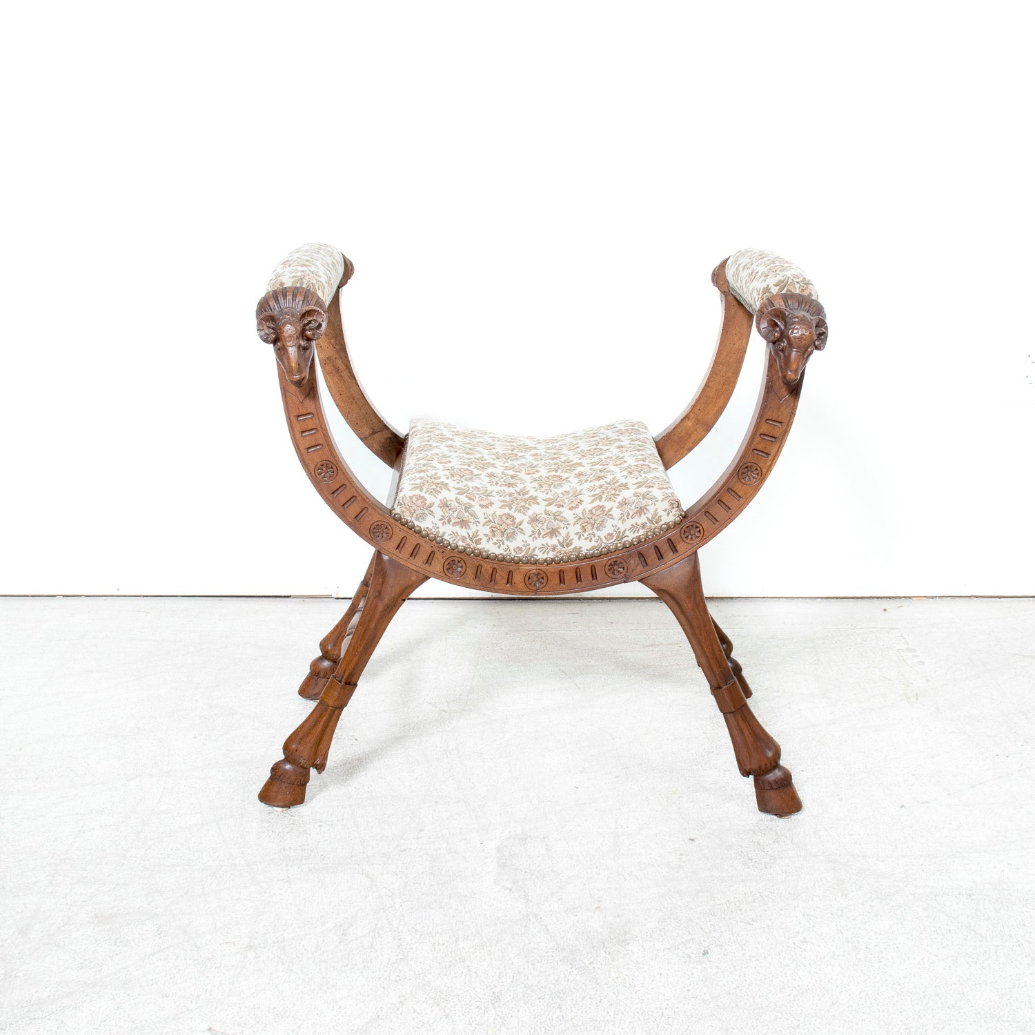 19th Century French Carved Walnut Lyonnaise Curule Bench with Upholstered Seat