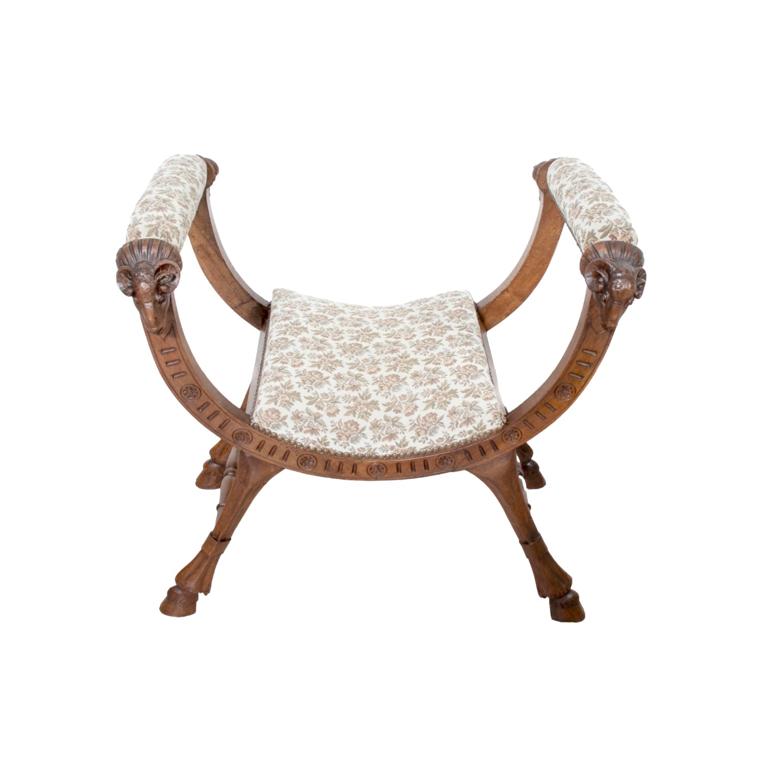 19th Century French Carved Walnut Lyonnaise Curule Bench with Upholstered Seat