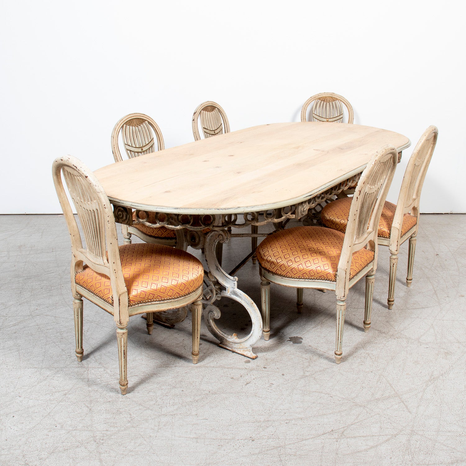 19th Century French Painted and Parcel Gilt Balloon Back Chairs, Set of Six