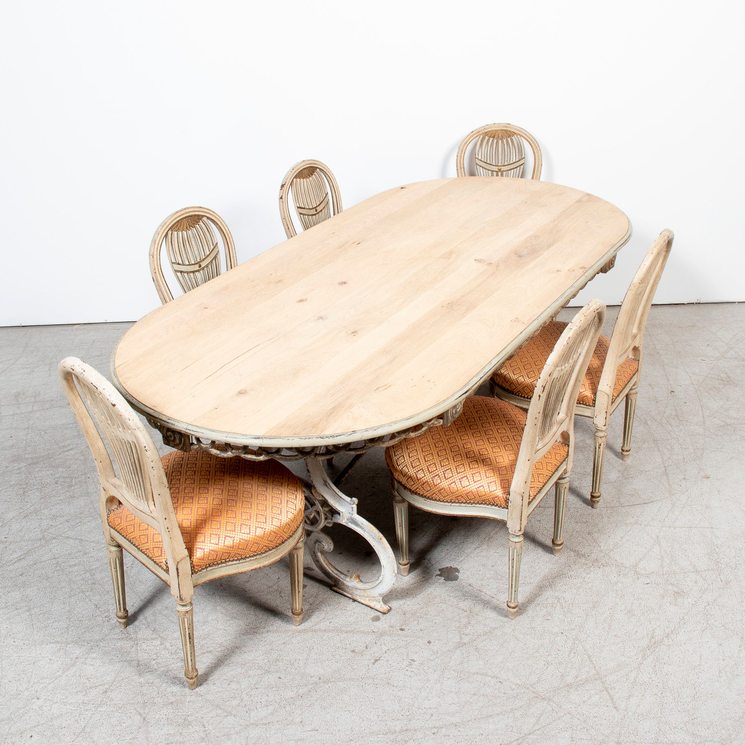 19th Century French Painted and Parcel Gilt Balloon Back Chairs, Set of Six