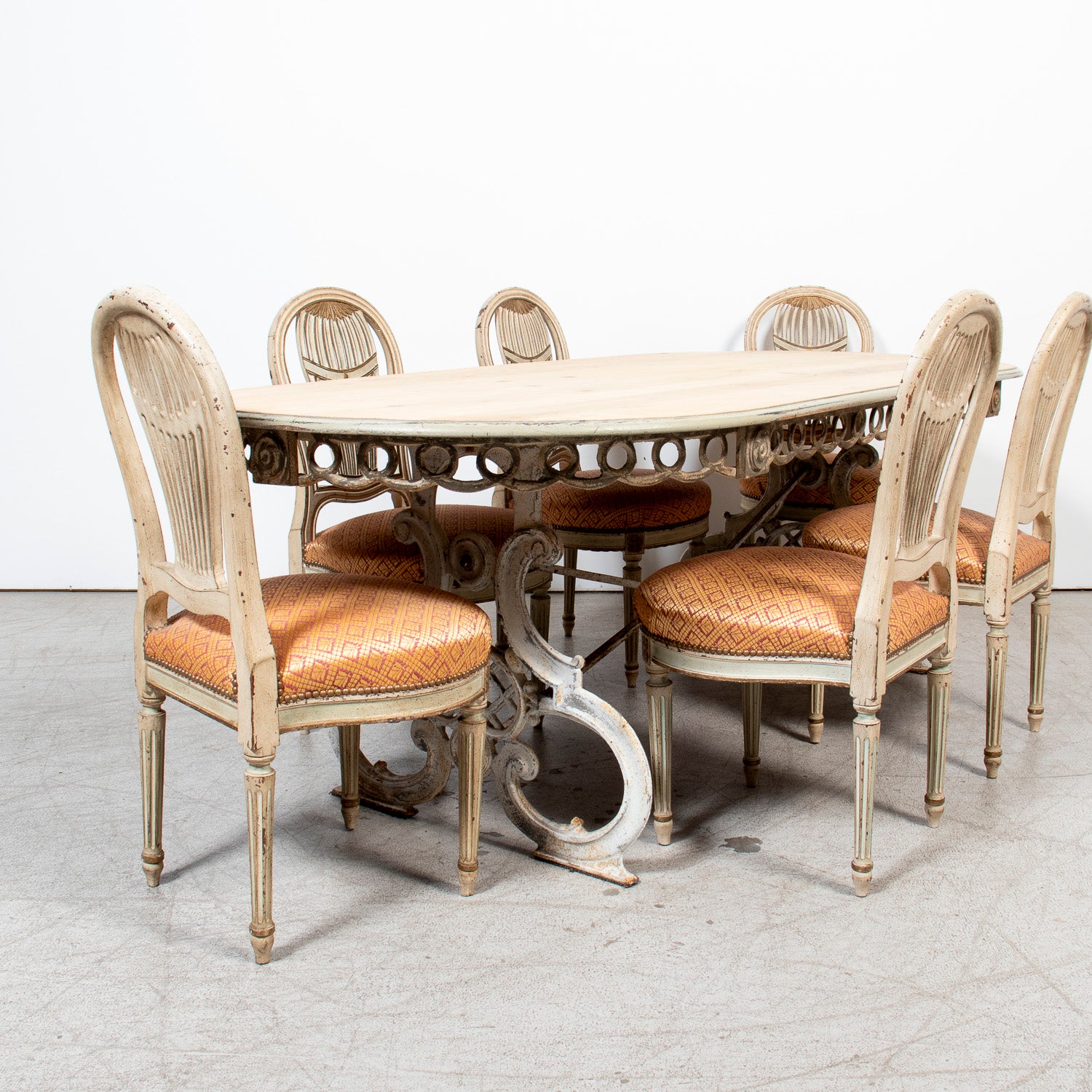 19th Century French Provençal Bleached White Oak Dining Table with Decorative Iron Base
