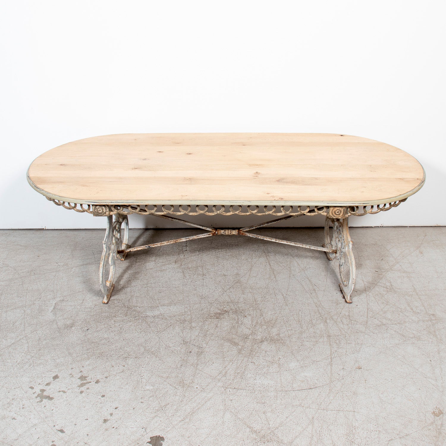 19th Century French Provençal Bleached White Oak Dining Table with Decorative Iron Base