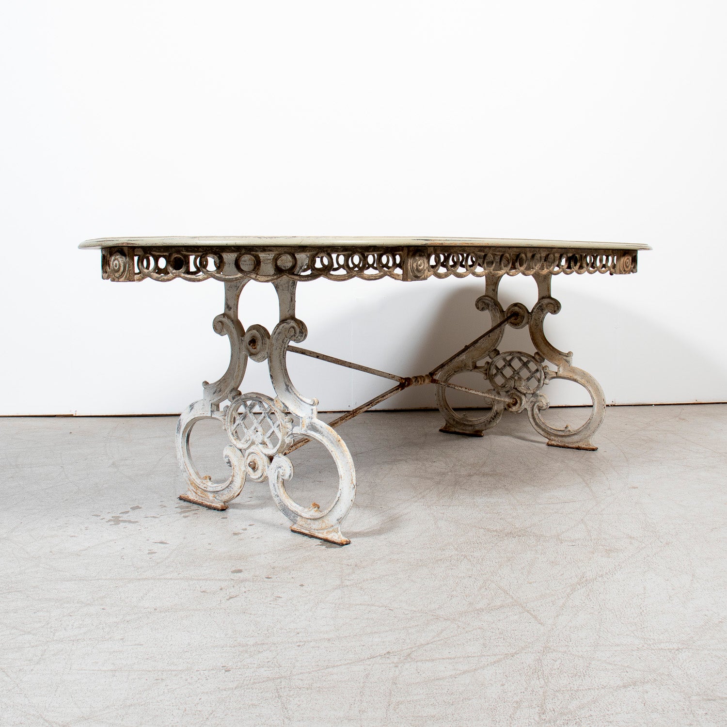 19th Century French Provençal Bleached White Oak Dining Table with Decorative Iron Base