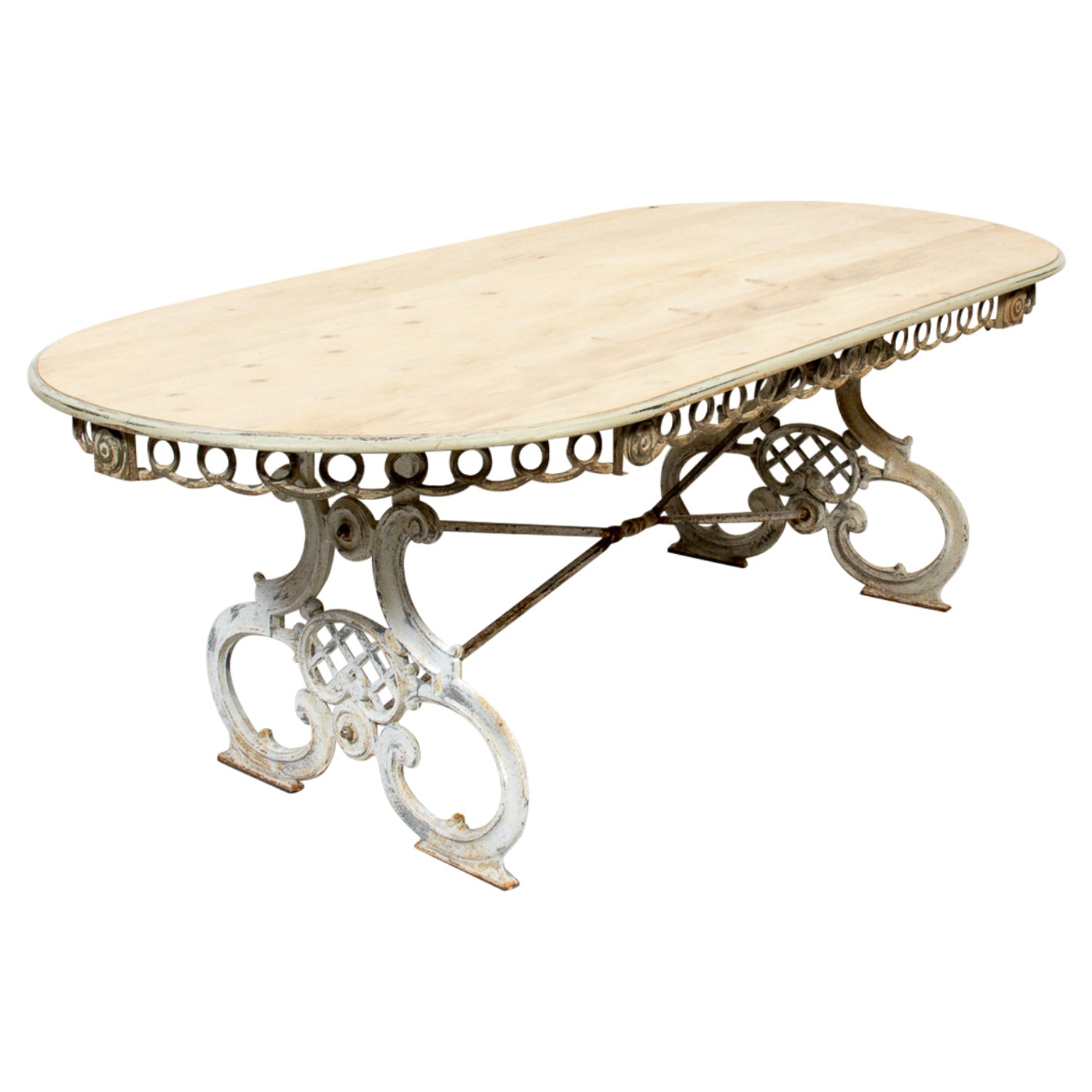 19th Century French Provençal Bleached White Oak Dining Table with Decorative Iron Base