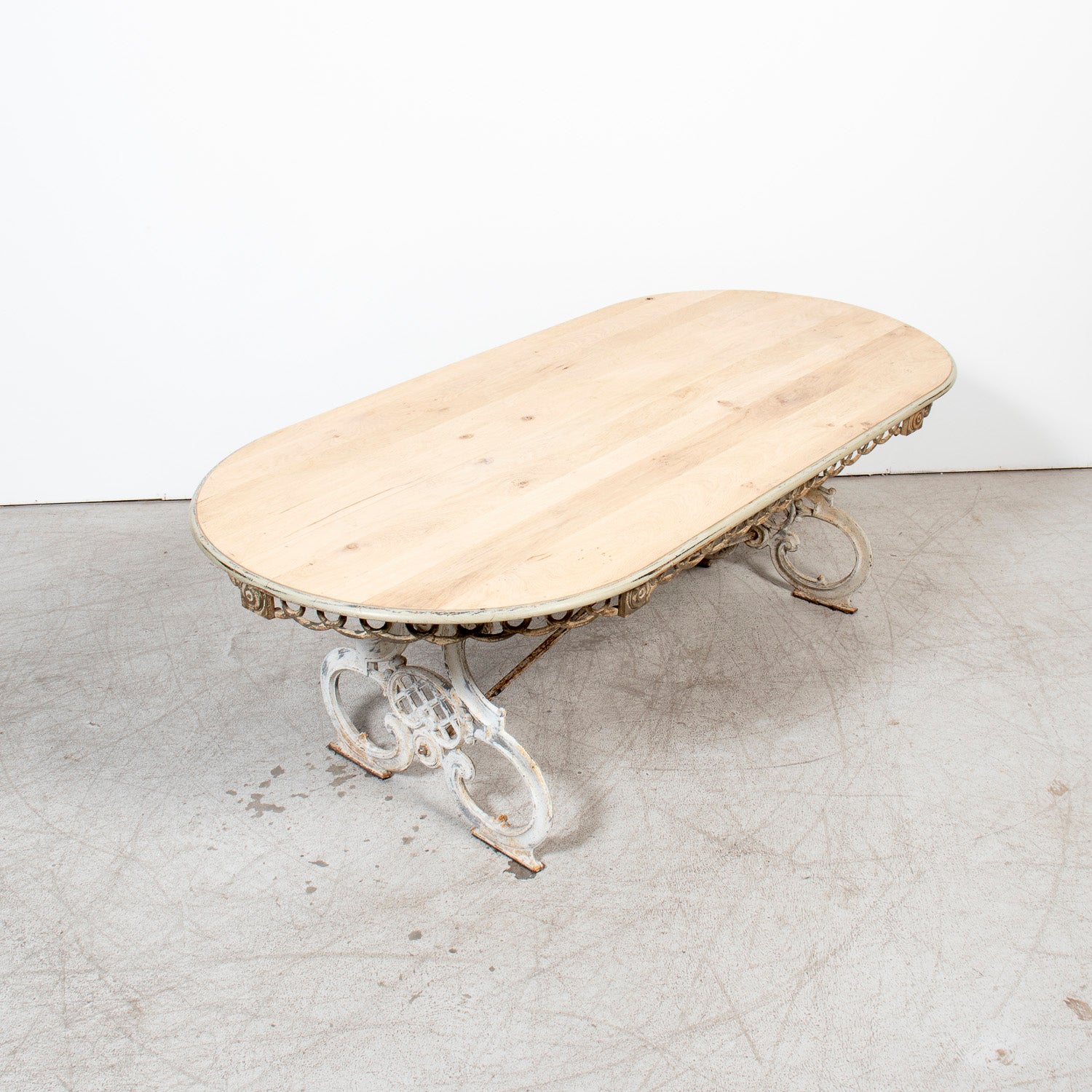 19th Century French Provençal Bleached White Oak Dining Table with Decorative Iron Base
