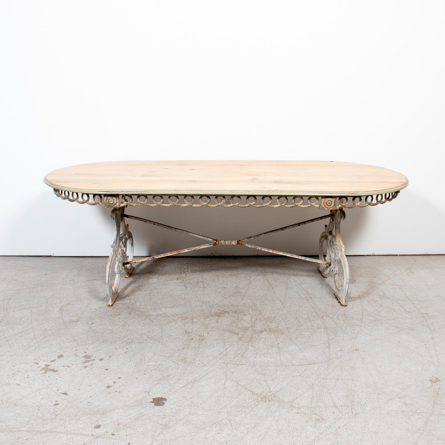 19th Century French Provençal Bleached White Oak Dining Table with Decorative Iron Base